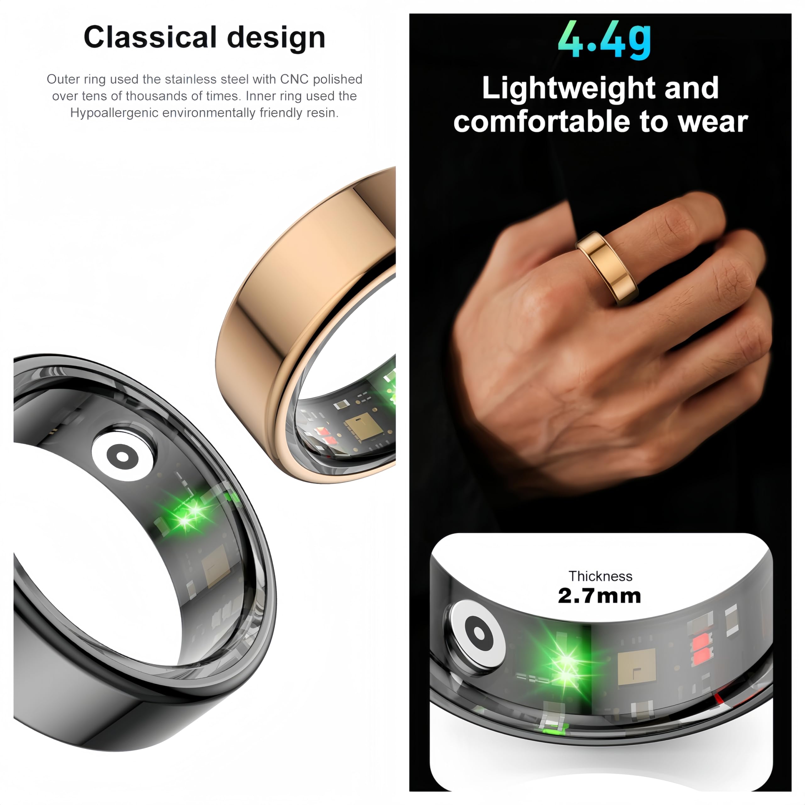 EOGBM Smart Rings for Men, Fitness Trackers for Women - Sleep Tracking Wearable - Heart Rate - Blood Oxygen - IP68 Waterproof (Black, 10#)