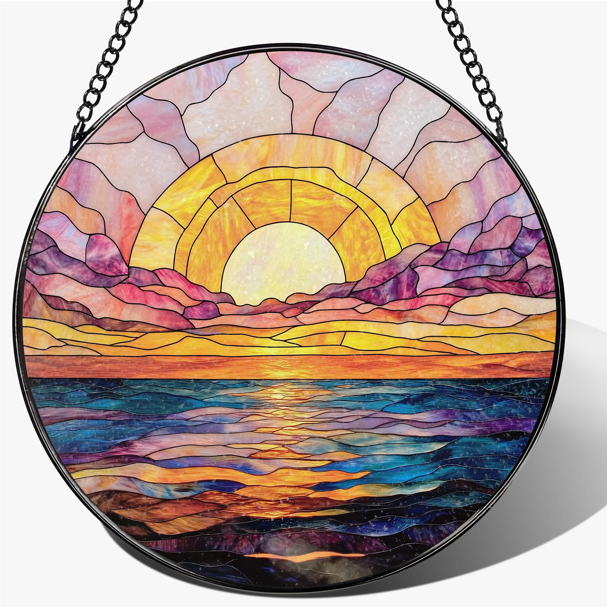 Stained Glass Window Hanging – 7.8" Ocean Sunset Suncatcher, Sun Catchers Indoor Window Ornament, Ideal Gift for Beach, Nature & Sunset Lovers, Perfect for Christmas, Mother’s Day & Birthday Gifts