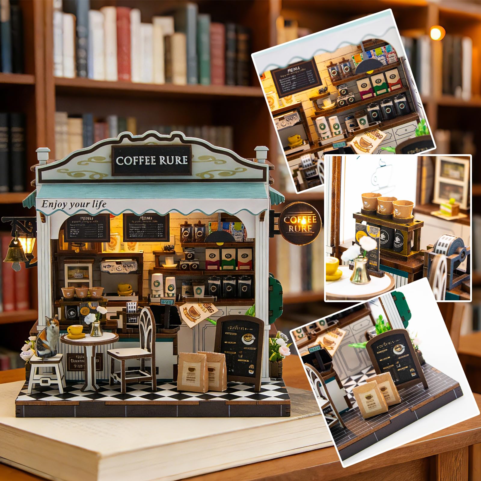 Kit fai da te per casetta in miniatura Coffee - per case delle bambole in miniatura, Book Nook Puzzle 3D in legno Angolo lettura fai da te per decorare la libreria Regalo di compleanno o di Natale