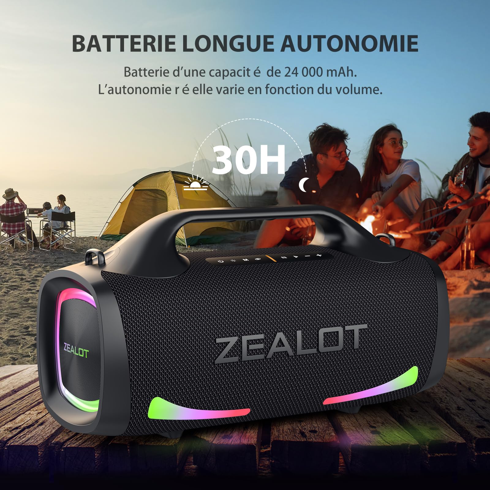 ZEALOT Enceinte Grande Bluetooth 5.3 sans Fil, 100W Enceinte Portable avec Basses Puissantes, Autonomie 30H, Lumière RGB, USB-C/AUX/Carte TF, Haut-Parleur Étanche IPX6 pour Fêtes/Voyage/Extérieur