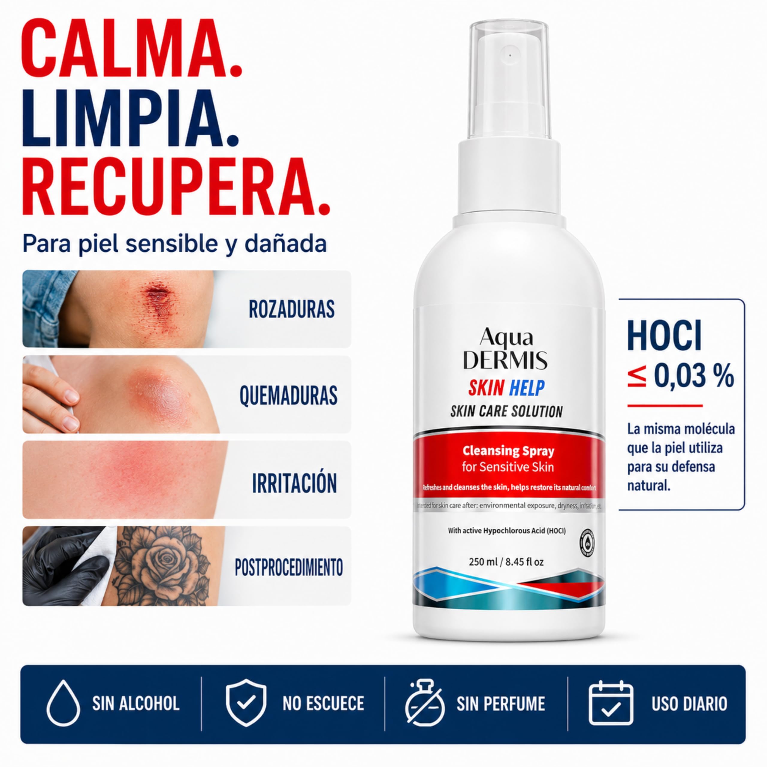 Spray per terapia delle ferite con acido ipocloroso, disinfettante naturale per ferite, ustioni, acne, eczema e tatuaggi, senza alcool, sicuro per pelli sensibili, 250 ml