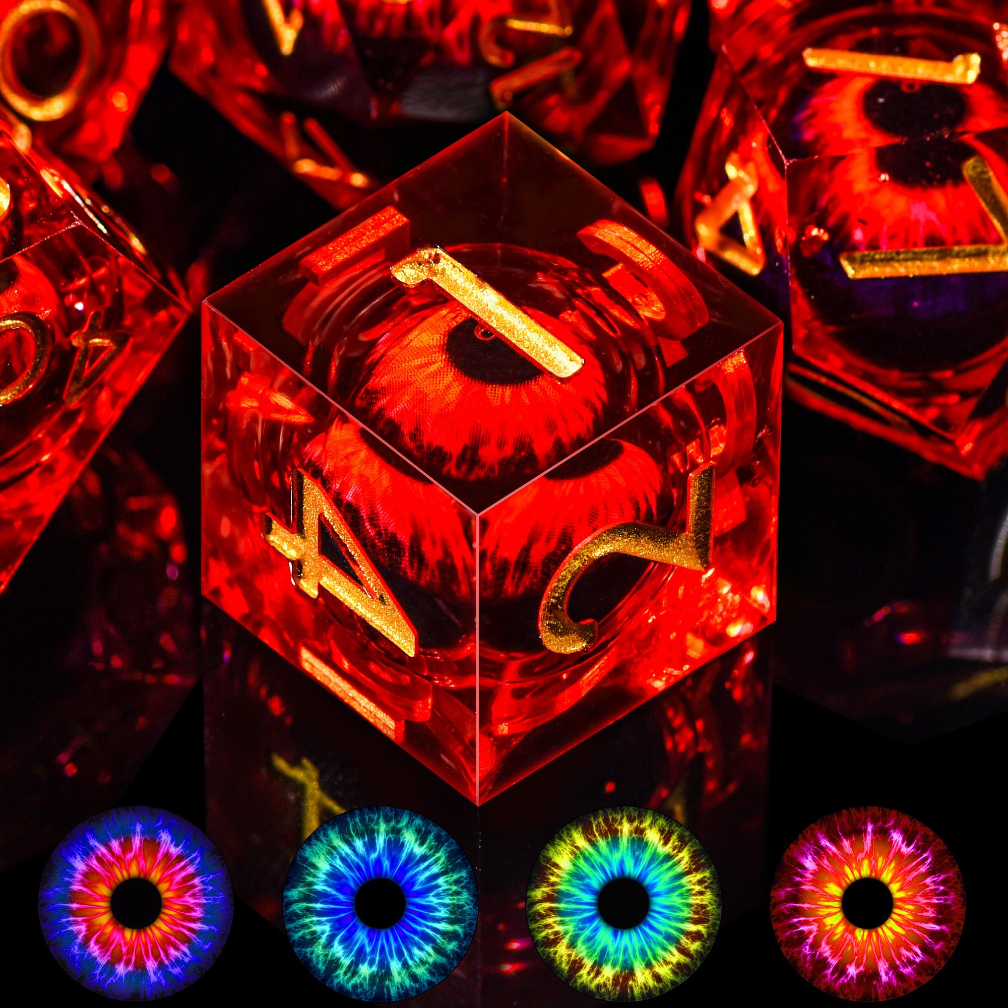 Austor Dragon Eye D&D Dice Set - 7Pc Liquid Core Resin Dice - D20 D12 D10 D8 D6 D4 in Rose Red with Dragon Eye Box