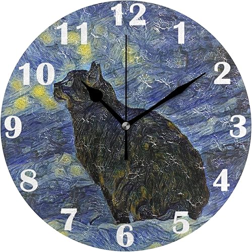 Pfrewn Lunar Star Cat Van Gogh Reloj de pared silencioso sin tiquear Animal Galaxy Relojes a pilas Reloj de escritorio vintage de 10 pulgadas de