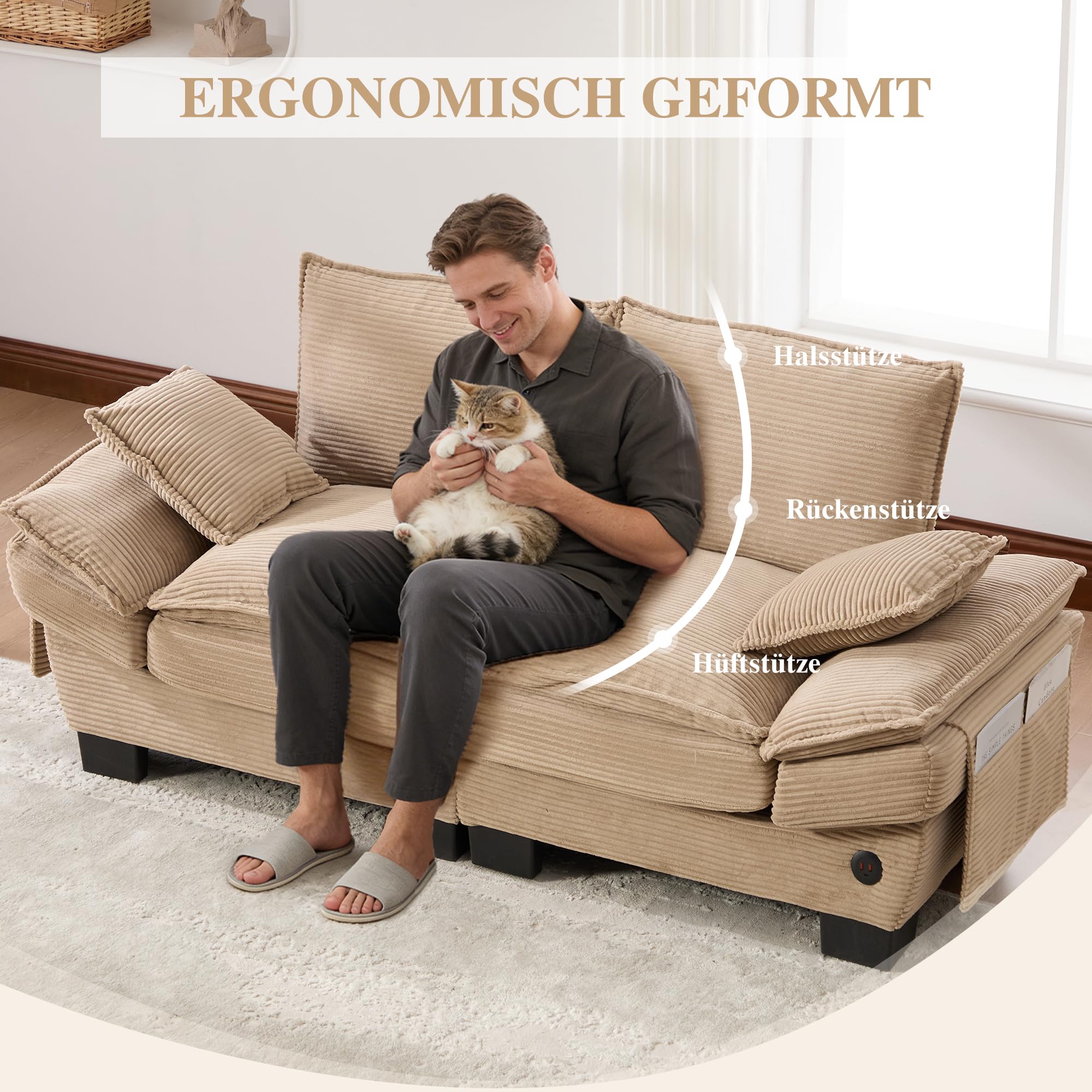 Sofá Cama con Respaldo y Almohada para Salón, Sofá Doble con Cómodos Cojines y Reposabrazos, Sofás con Bolsillos Laterales para Dormitorio Apartamento, Sofás Modular, Pana (Caqui)