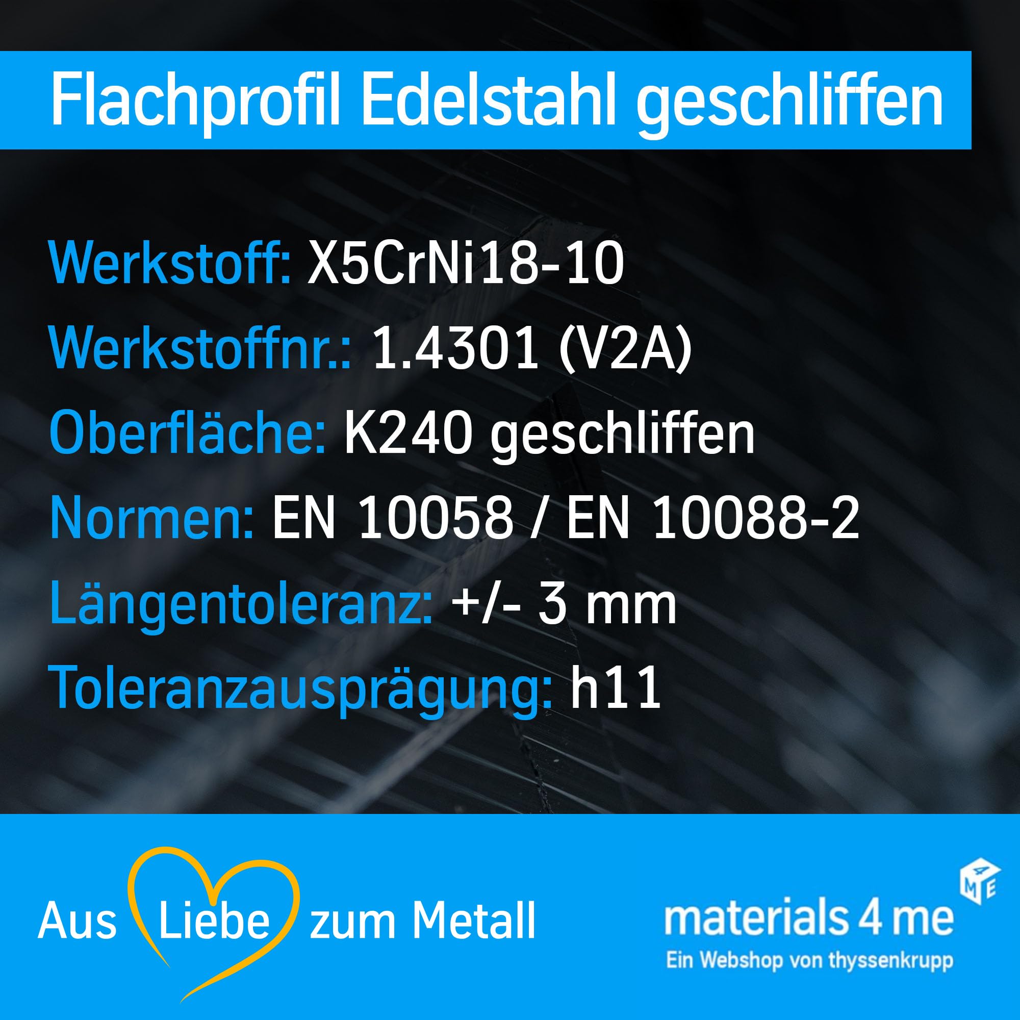thyssenkrupp Flachprofil Edelstahl geschliffen K240 – Flachstahl Flachstange Flachmaterial – 1.4301 AISI 304 V2A – 40 x 5 mm, Länge 1500 mm