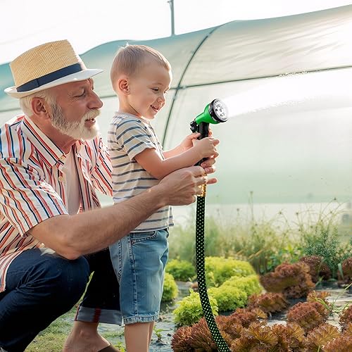 Miniatura 7 de HBlife Manguera de jardín de 100 pies, manguera de agua no expandible con 8 boquillas de rociado de riego, manguera flexible y ligera para patio,