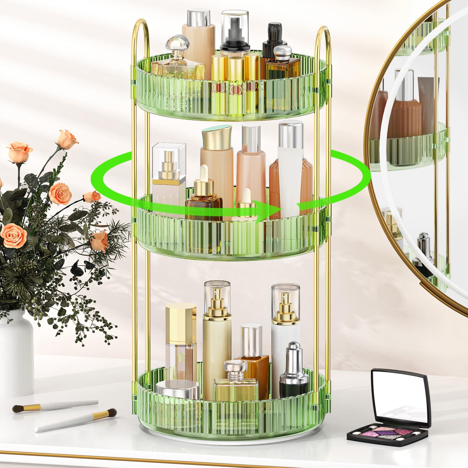 MOKANI Make Up Kosmetik Organizer, 360° Dreh Schmink Organizer, 3 Ebenen, Multifunctional Makeup Skincare Aufbewahrungssystem für Schminktisch, Badezimmer, Schlafzimmer, Grüner