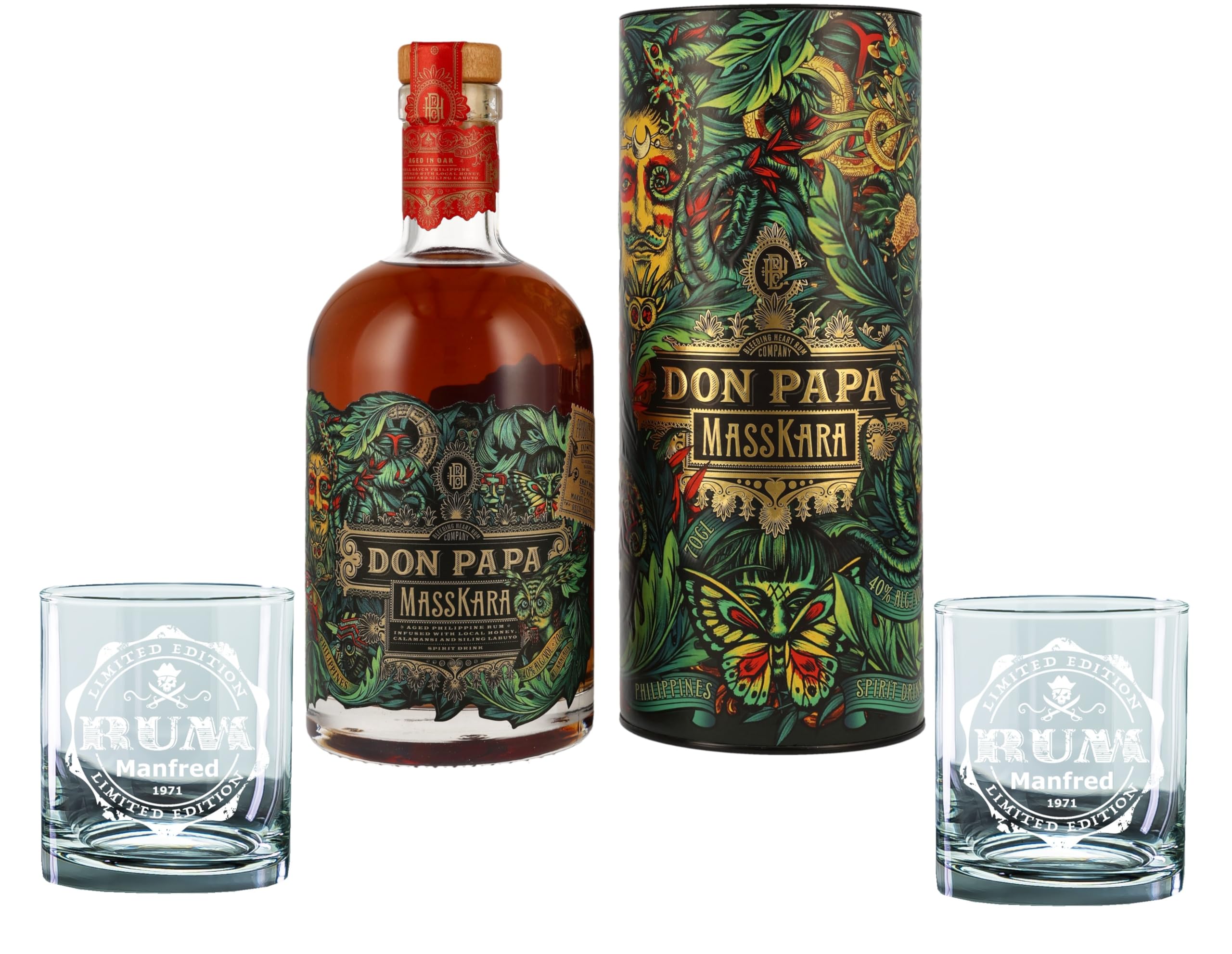Geschenkset 2 Gläser + 1 Flasche Rum Masskara personalisierte lasergravierte Geschenkidee mit persönlicher Note gravierte Rumgläser Geschenkbox (200ml, Pirat)