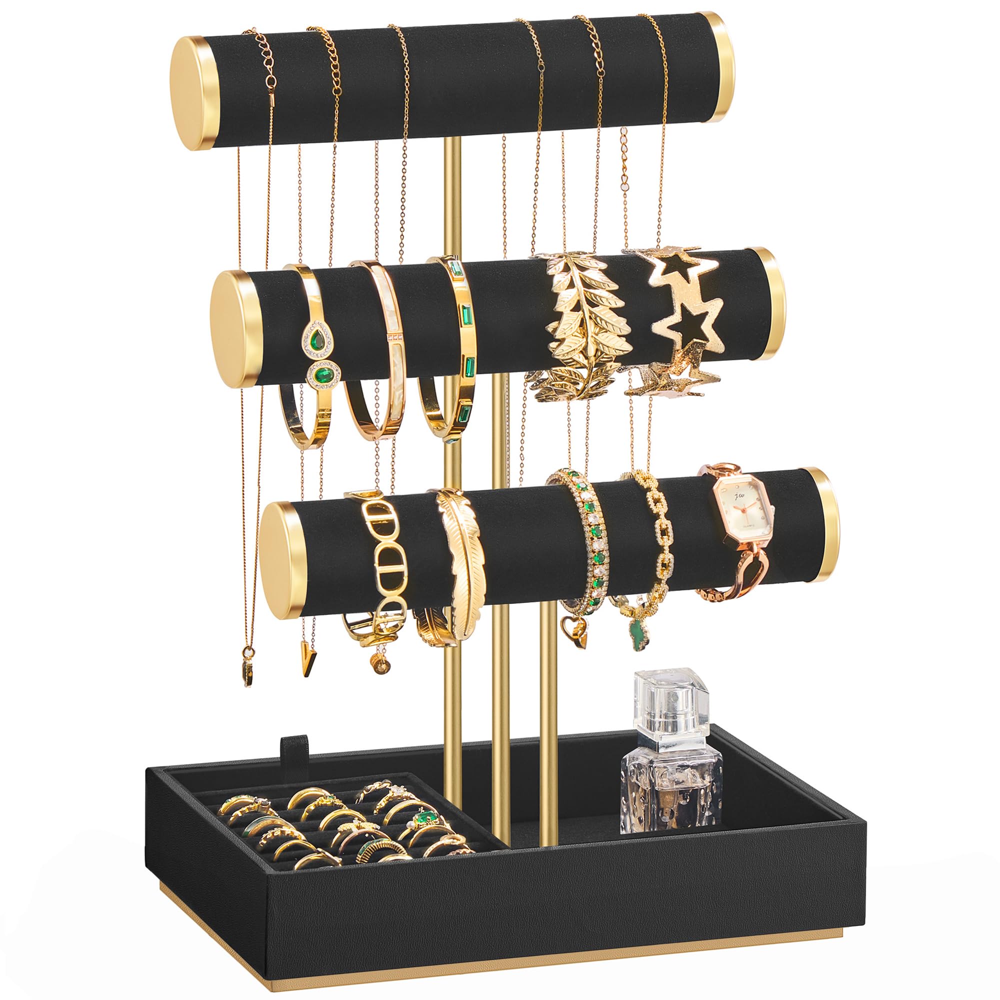 SONGMICS Bracelet Holder Stand, Jewelry Display Stand, Jewelry Organizer, with 3 Tiers and Velvet Tray, Removable Ring Holder, Christmas Gift, Ink Black UJJS027B01