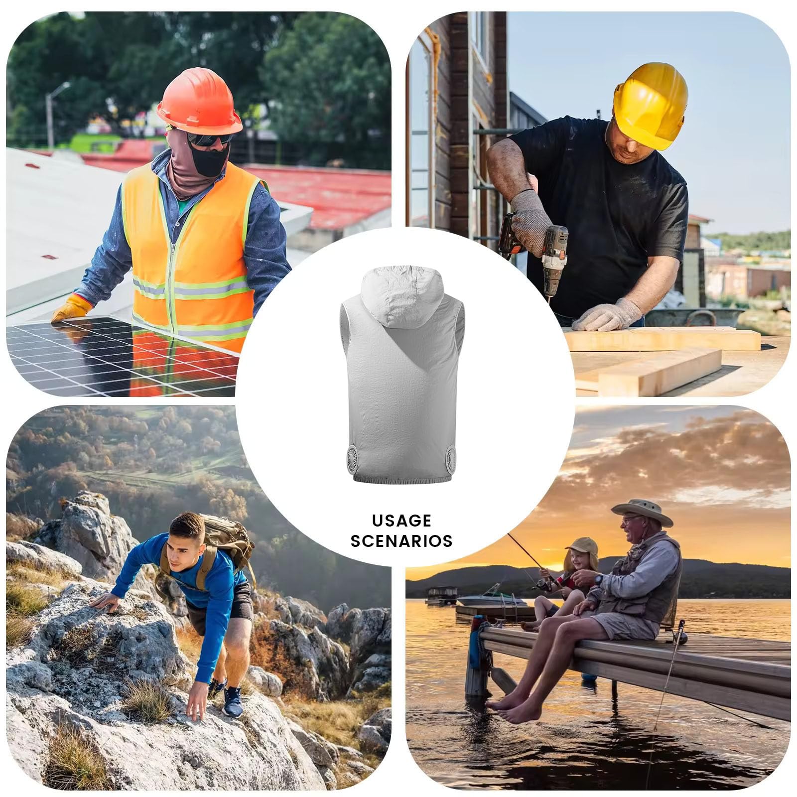 Gilet di raffreddamento unisex con cappuccio, con 2 ventole, ricaricabile tramite USB, resistente all'acqua
