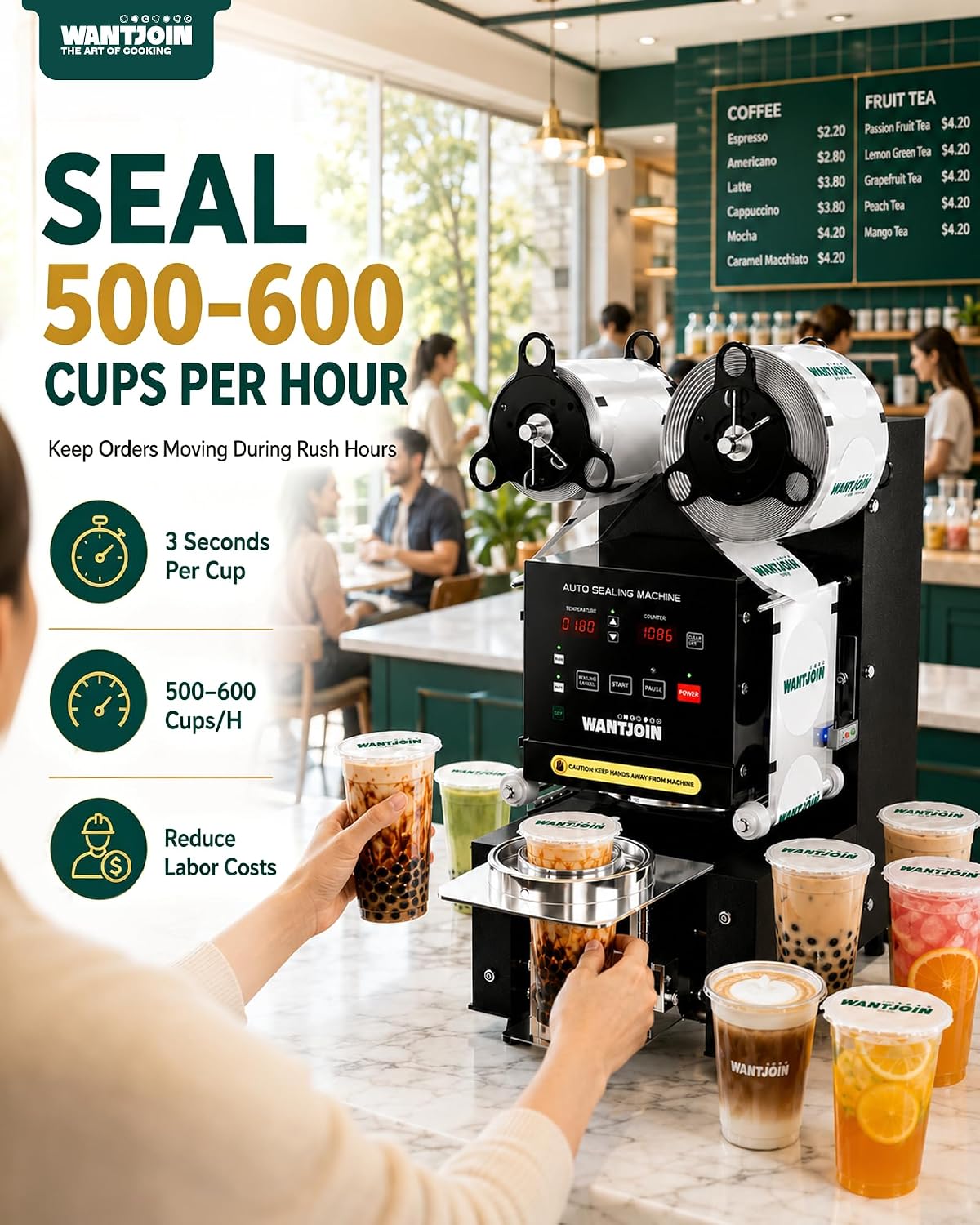 WantJoin Cup Sealer Machine - Boba Sealing Machine Full Automatic Cup Sealing Machine,90/95mm Caliber Electric Seals 500-600 Cups/H Digital Control Panel, Cup Sealer for Bubble Tea Milk Coffee Shop image 3