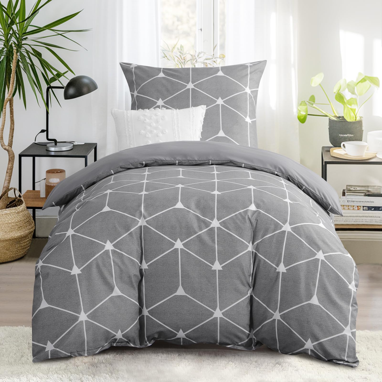 RUIKASI Bettwäsche 155x220 2 teilig Hellgrau - Bettbezug 155 x 220 Set mit Geometrie Muster, Bettwäsche-Sets 155x220cm aus Mikrofaser mit Reißverschluss Weich und Bügelfrei