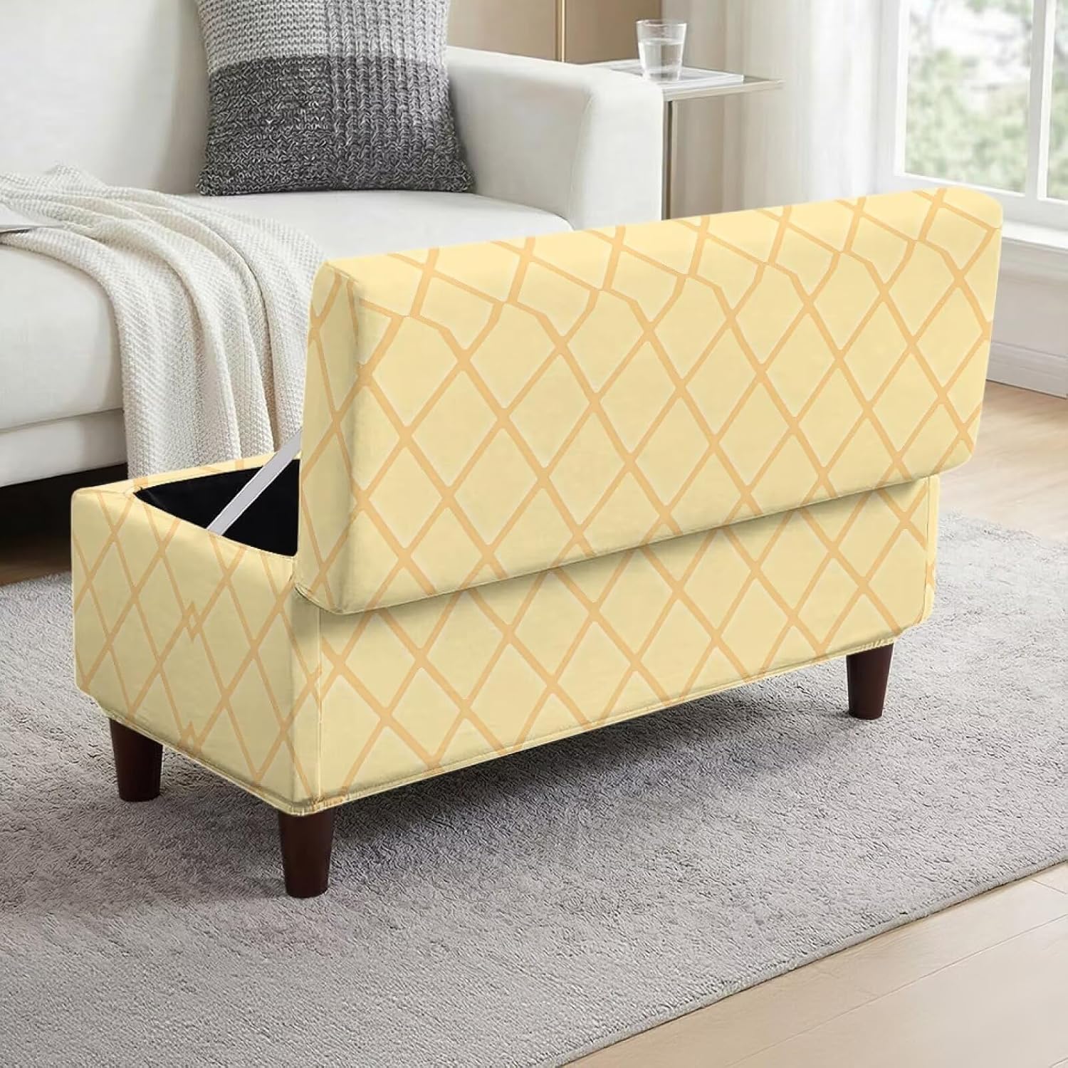 Stretch Ottoman Cover Non-Slip, Rectangle Ottoman Slipcover for Storage Bench, Elastic Bottom, Foot Stool Protector, for Living Room Decor, Yellow Plaid,Small