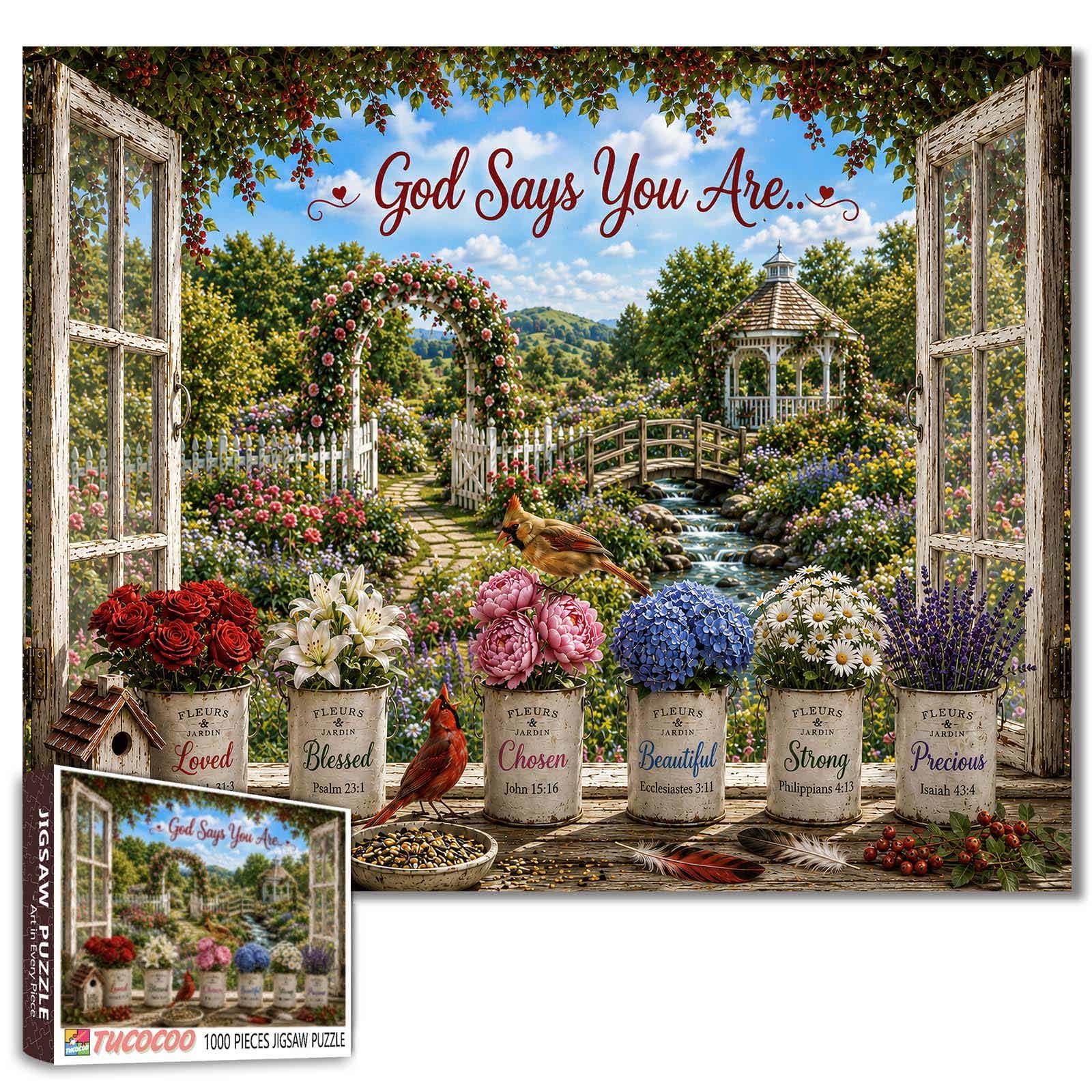 1000 Piece Puzzle for Adults, Inspirational Christian Garden Window Jigsaw Puzzle Bible Verse Flowers Puzzles, Peaceful Floral Landscape Artwork, Relaxing Brain Game, Gift for Adults and Families