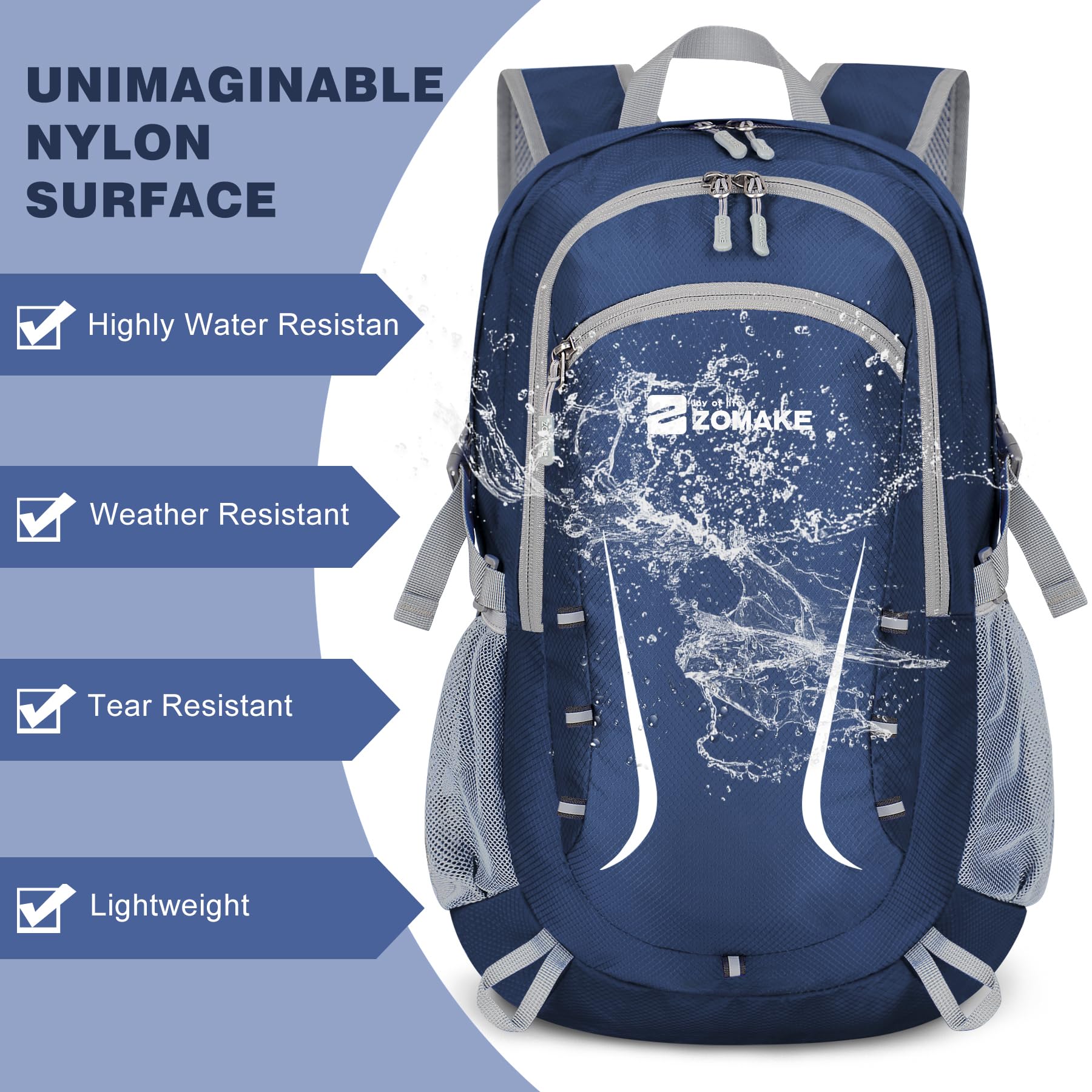 ZOMAKE Zaino da Trekking Leggero da 40L,Pieghevole,Impermeabile da Viaggio per Uomini E Donne (Blu Navy-PL)