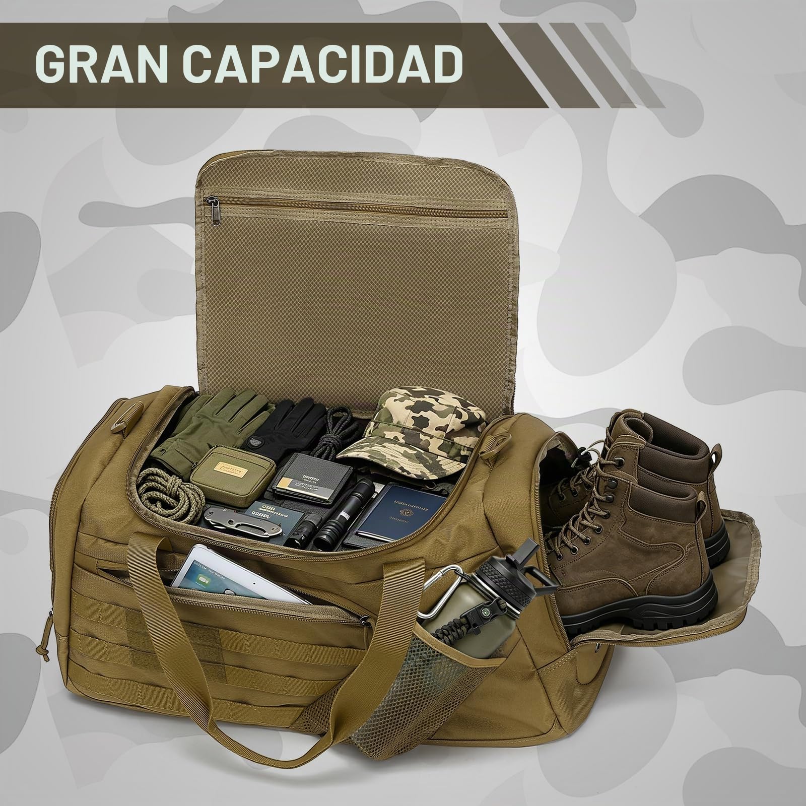 45L Bolsa Viaje Hombre 3 en 1 Bolsa Deporte Táctica para Gimnasio con Compartimento Zapatos, Bolsillo húmedo y Función de Mochila para Camping, Viajes, Fin de Semana, Marrón