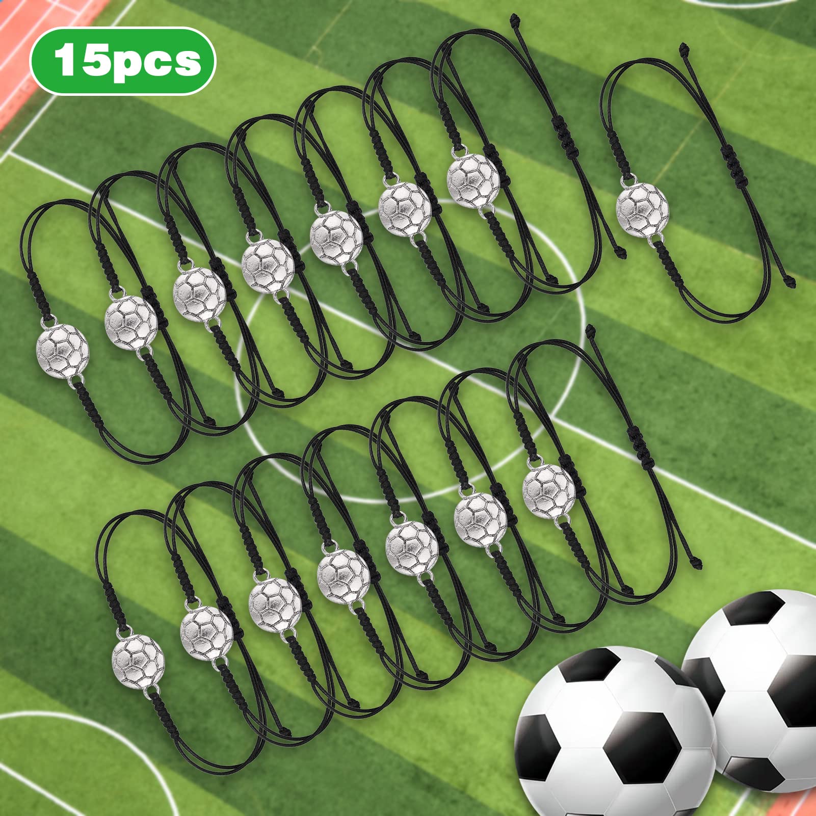 Zocipro 15Pcs Bracelet de Football à Cordon Tressé Réglable avec Breloque en Métal
