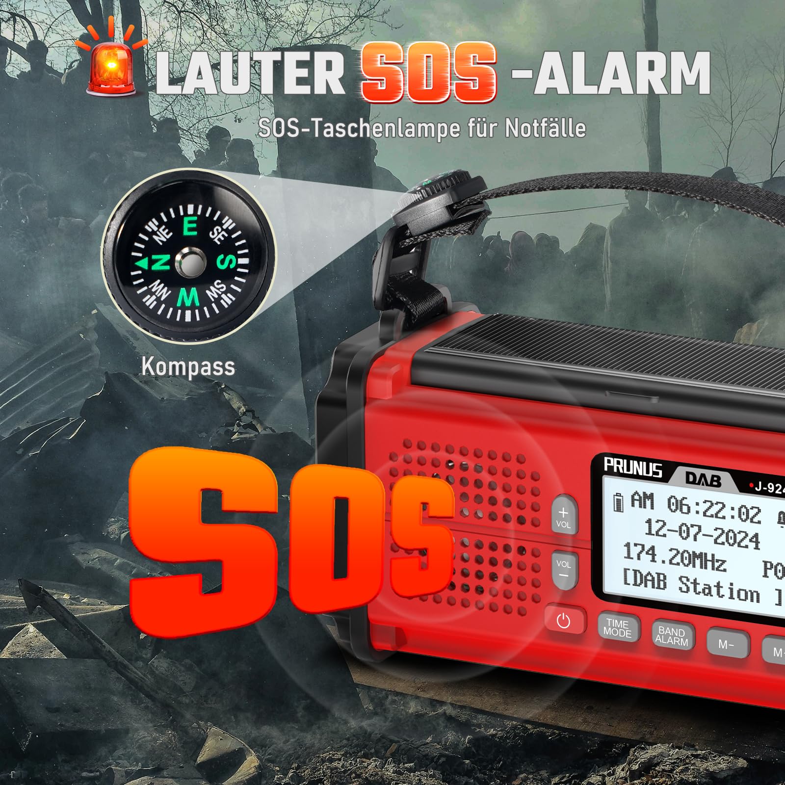 PRUNUS J-924D Digital Radio DAB+/UKW, Kurbelradio Notfall mit 10000mAh Akku, DAB Radio mit Bluetooth, Notfallradio mit Taschenlampe/SOS Alarm/Handyladefunktion für Ourdoor, Notfall (Rot)