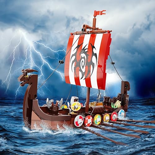 Miniatura 5 de VONADO Juego de construcción de barcos piratas, compatible con Vikng Ship Toys, The Medieval Norse Myths Pirates Ship, gran regalo para niños y