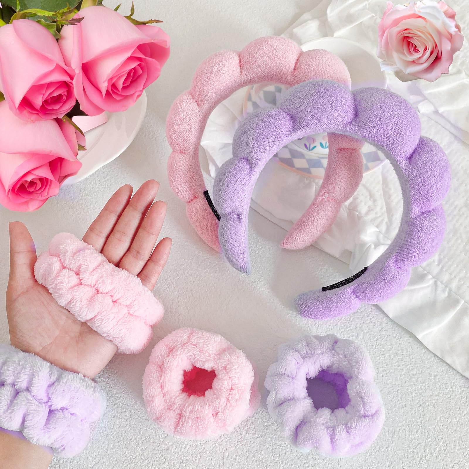 Beleki Spa-Stirnband zum Waschen des Gesichts, Schwamm-Make-up, Hautpflege, Stirnband und Armband, rutschfeste Blasen-Haarbänder, weich, geschwollene Kopfbedeckung, Haarschmuck für Damen und Mädchen,