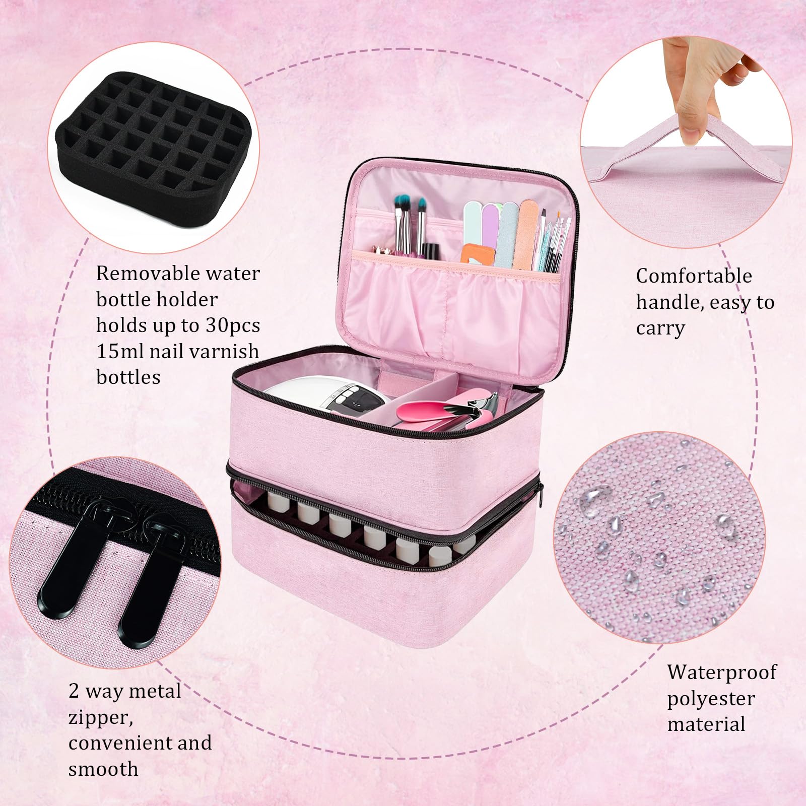 ADERTOS Borsa Porta Smalti a 2 Strati Organizzatore per Smalto Impermeabile Pochette Porta Smalti in Nylon per 30 Flaconi a 15 ml Valigetta Porta Smalti e Lampada Unghie UV, 25*20*19cm, Rosa Chiaro
