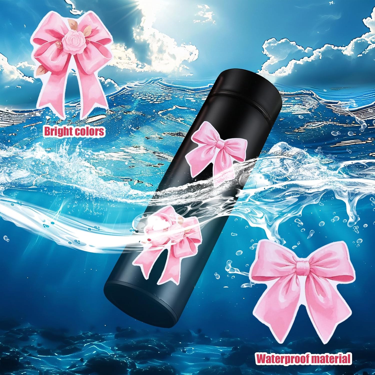 100pcs Coquette Bow Stickers, Cute Bow Knot Aesthetic Decals Waterproof Pink Bows Stickers for Water Bottle, Laptop, Scrapbooking, Diary, Phone, DIY Journal & Teen Girls Women Gifts