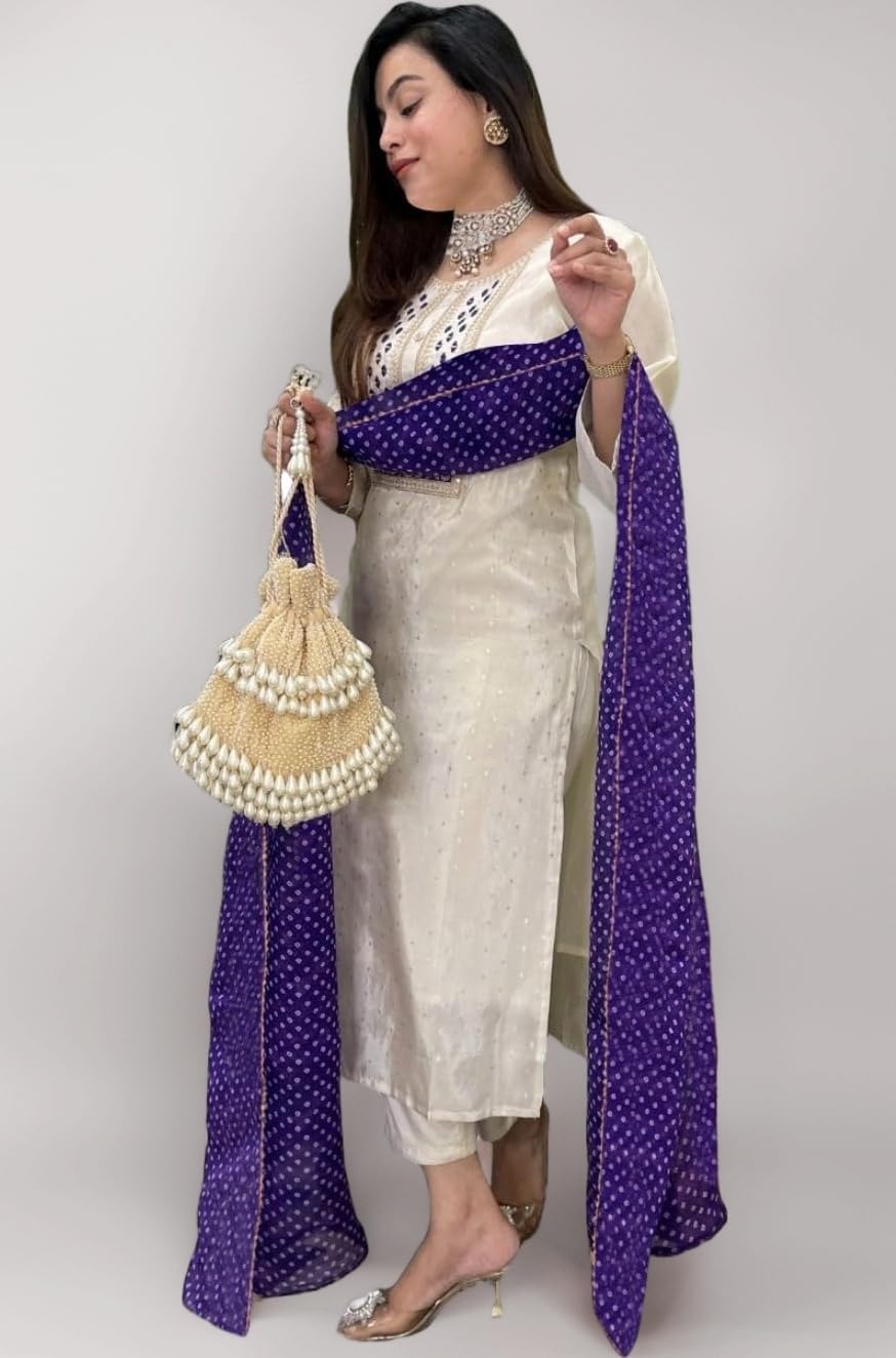 Women's Silk Blend Straight Embroidered Kurta with Pant & Dupatta