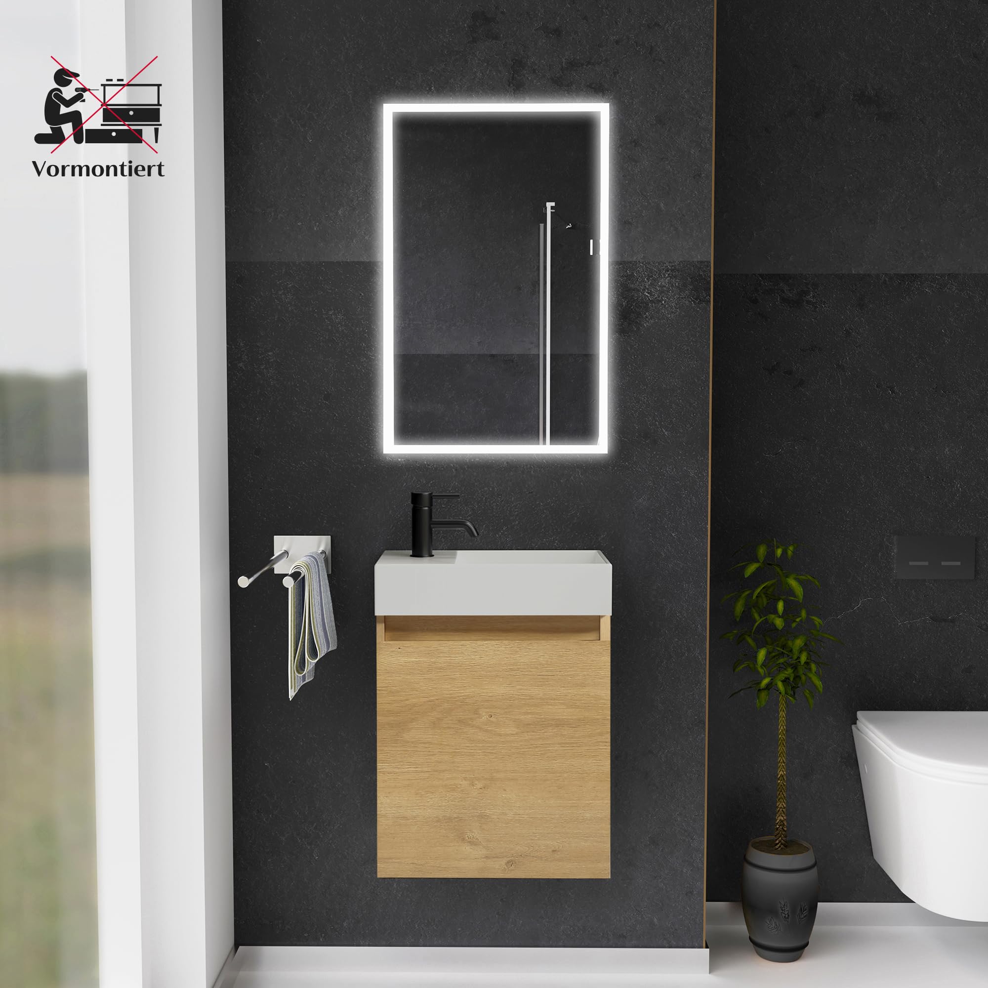Alpenberger Gäste WC Waschbecken mit Unterschrank 45 cm | Badezimmerschrank Schmal | Badmöbel Set Waschplätze für Kleine Bäder | Waschbeckenunterschrank (Eiche Natur, Waschbecken - Rechte Seite)