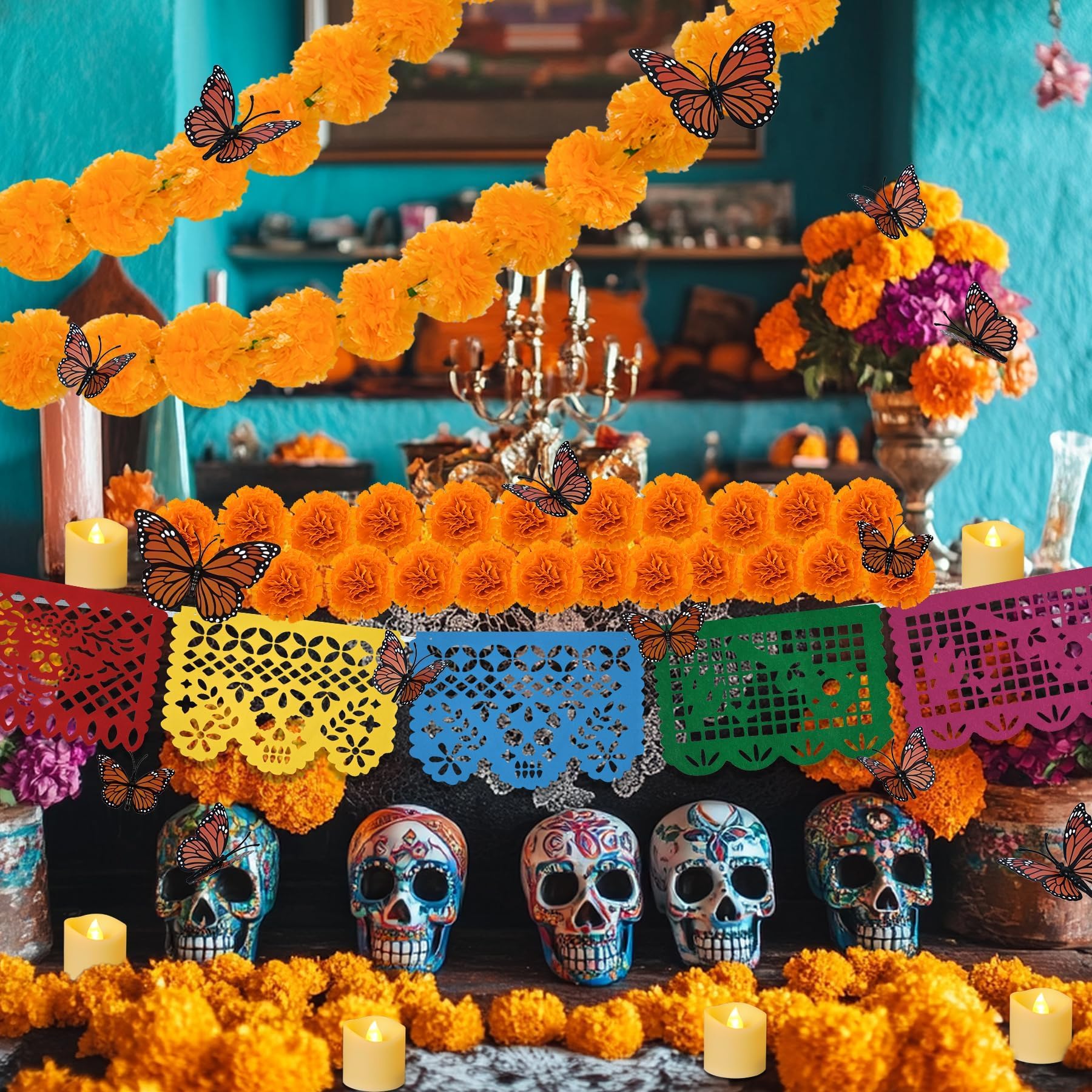 Day of the Dead Dekorationsset beinhaltet 2 Ringelblumen-Girlanden, 50 Ringelblumenblumen, 24 Schmetterlings-Dekor, 6 flammenlose Kerzen und 4,6 m mexikanische Partybanner für Dia De Los Muertos