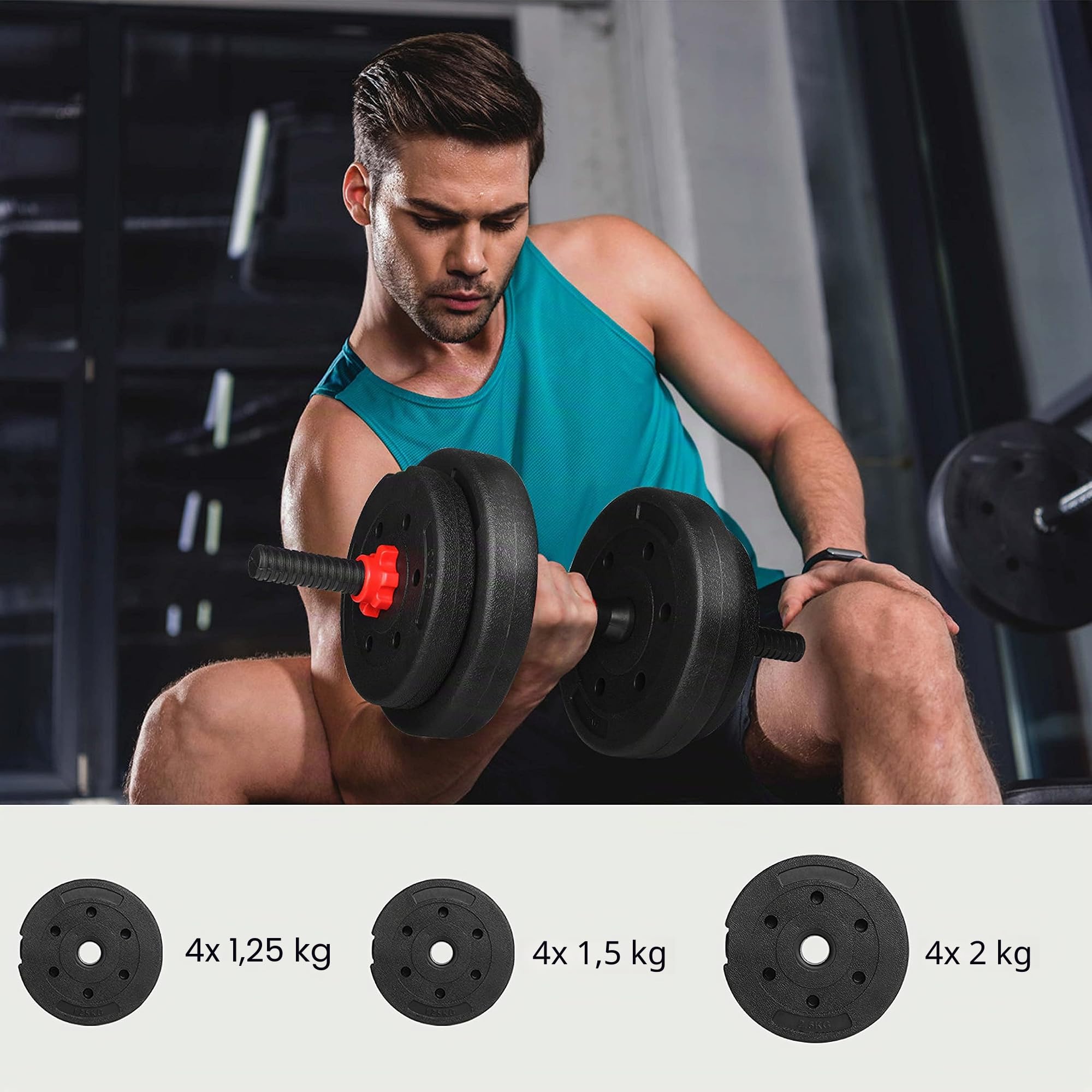 wuuhoo® set de mancuernas ajustables Arni - set de 2 mancuernas de 30mm, pesas y barra de extensión, juego de plástico con cierre de estrella, entrenamiento