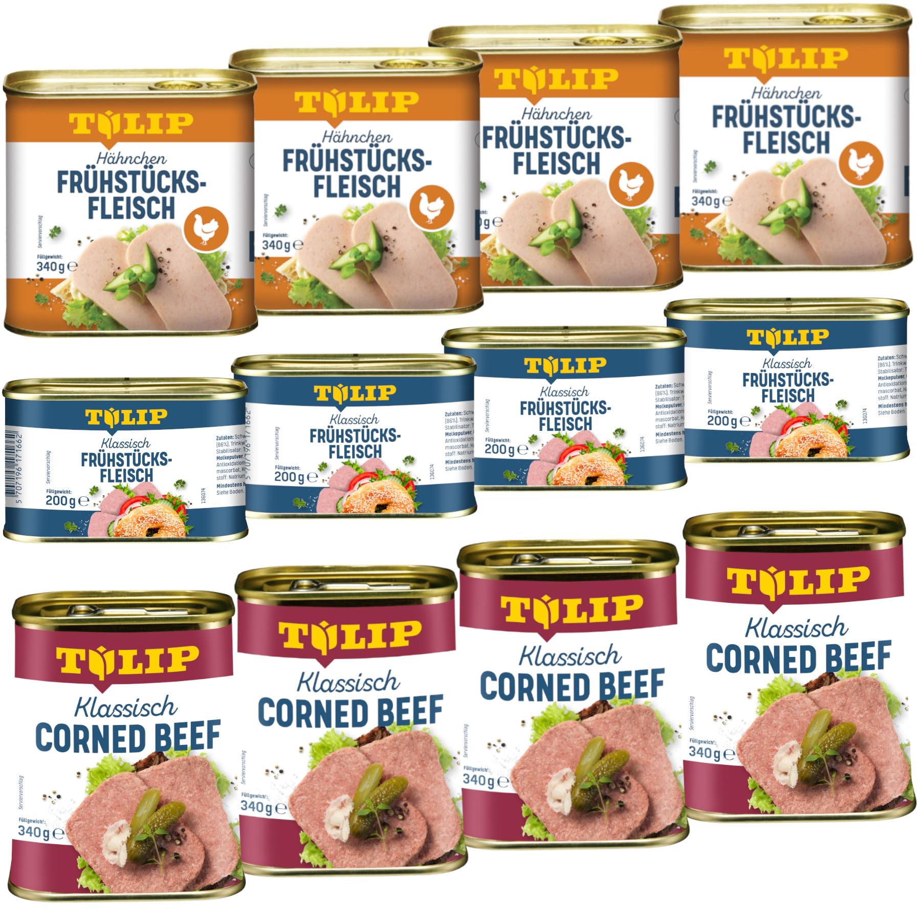 TULIP 4x Klassisches Corned Beef 340g + 4x Hähnchen-Frühstücksfleisch 340g + 4x Schweine-Frühstücksfleisch 200g | 98% Rindfleisch 86% Schweinefleisch 80% Hühnerfleisch | Konservenfleisch