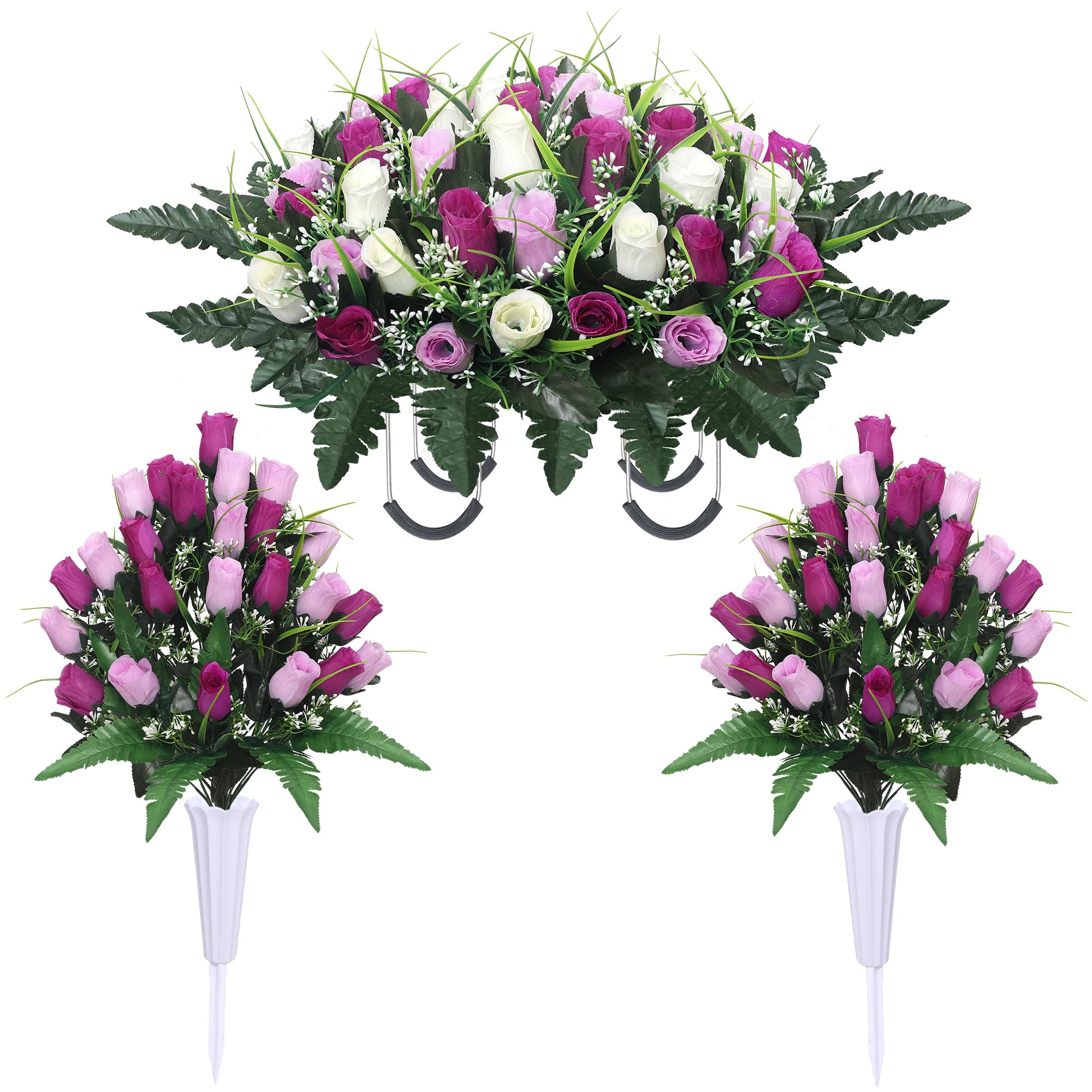 Photo 1 of **FACTORY SEALED** Lodou Artificial Cemetery Flower Saddles for Graves, Cemetery Memorial Flowers with Vase and 2 Memorial Bouquets for Grave Tombstone,Outdoor Grave Saddle Headstone Decorations (Purple White)