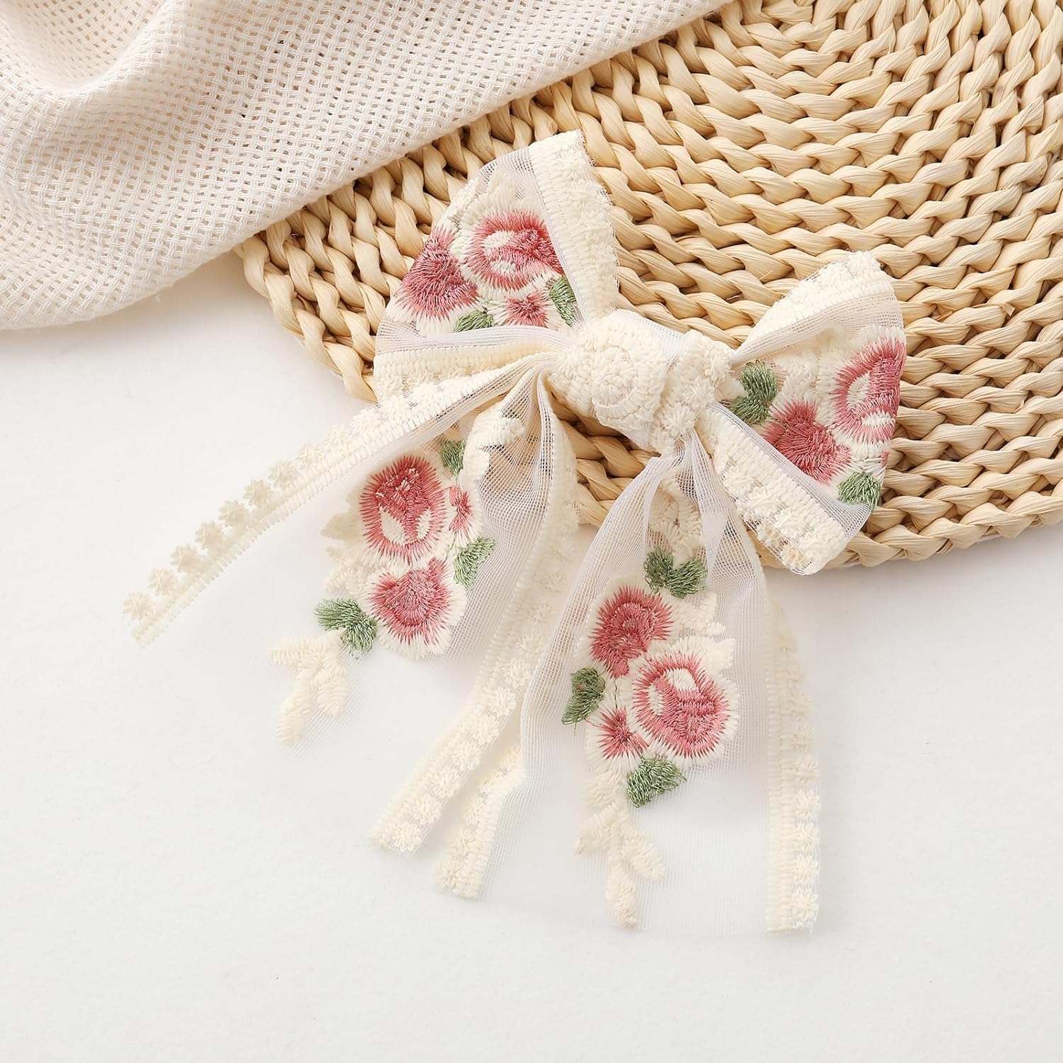 Large White Lace Pink Flower Embroidery Bow Hair Clip With Ribbon For Wedding, Casual Date and Party Hair Accessories for Women & Girls (Pack of 1) (Cream, Medium)-image-37