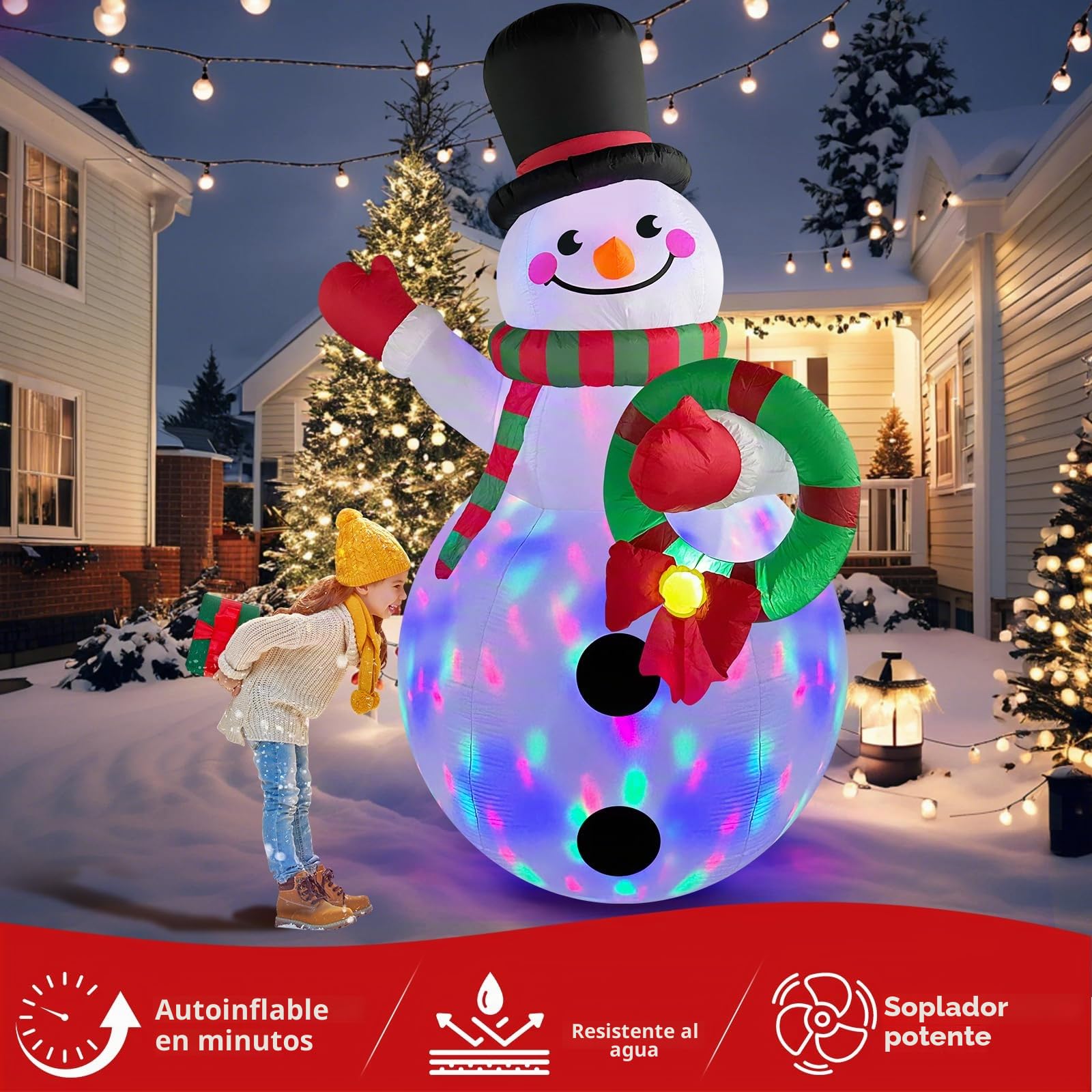 1,83M Muñeco de Nieve Navideño Inflable con Luces LED Giratorias de Colores