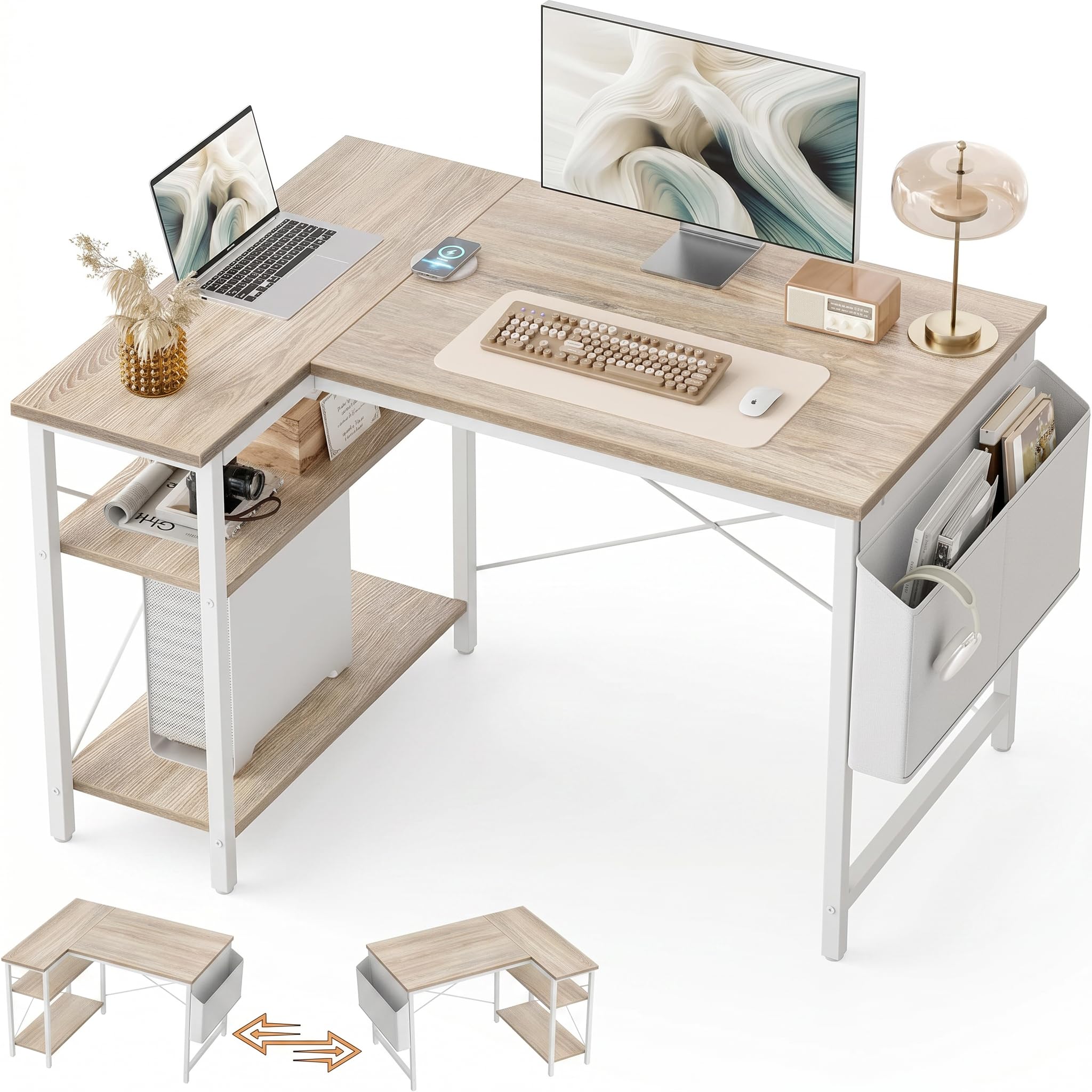BEXEVUE L Shaped Gaming Desk, 100x70 cm Computer Desk with Storage Bag, Office Desk Small Writing Table with Large Reversible Storage Shelves, Workstation for Study Play Work Home Office, Maple