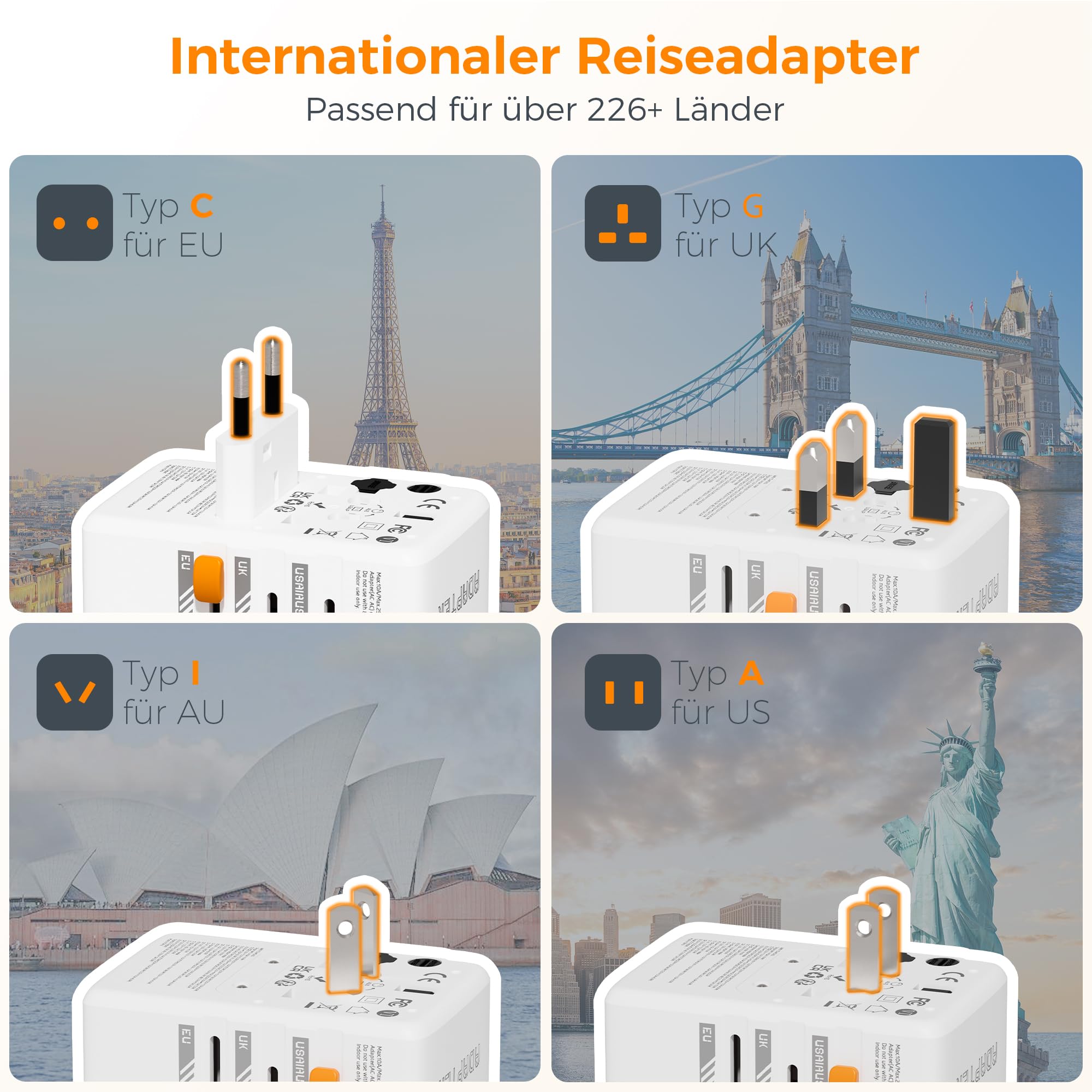 TESSAN Adattatore Universale da Viaggio, GaN Ricarica Rapida da 65W, Presa Universale da Viaggio con 2 USB A e 2 USB C, Adattatore Presa Spina per UK, USA, Australia, Tailandia, Giappone