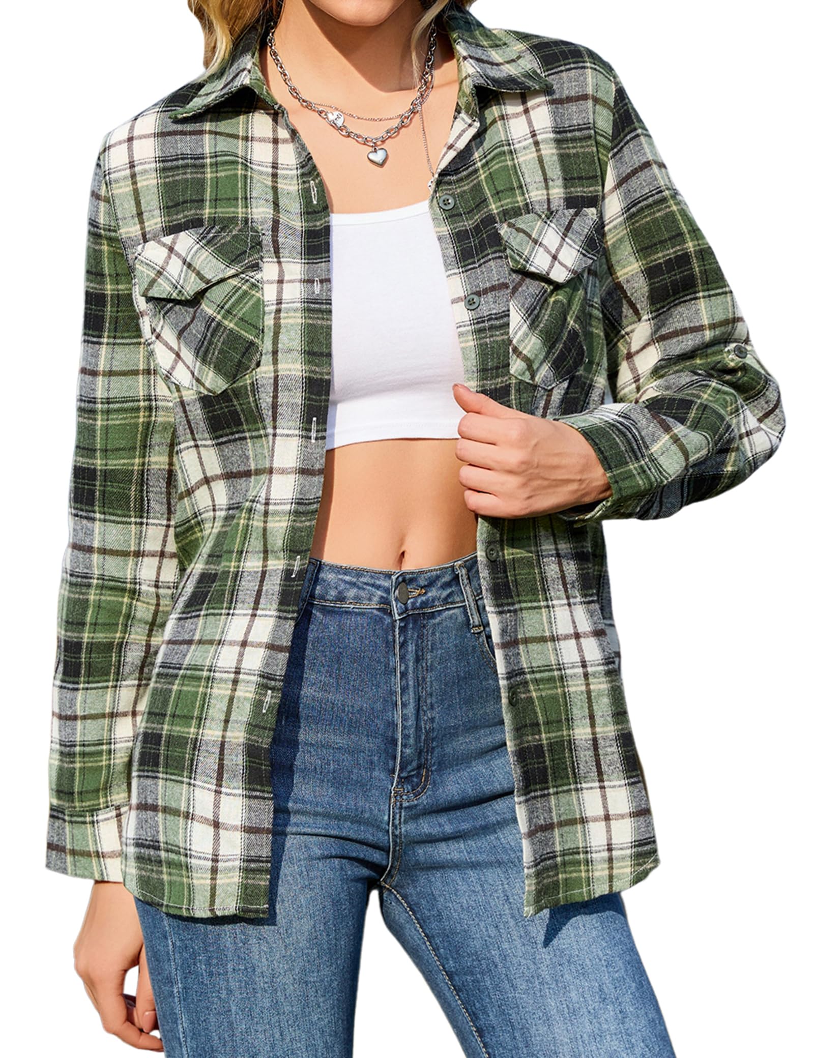 Irevial Karierte Bluse Damen Langarm Button Down Boyfriend Hemdbluse | Baumwolle, Holzfäller, Hemdbluse, für Alltag Oktoberfest Casual Arbeit