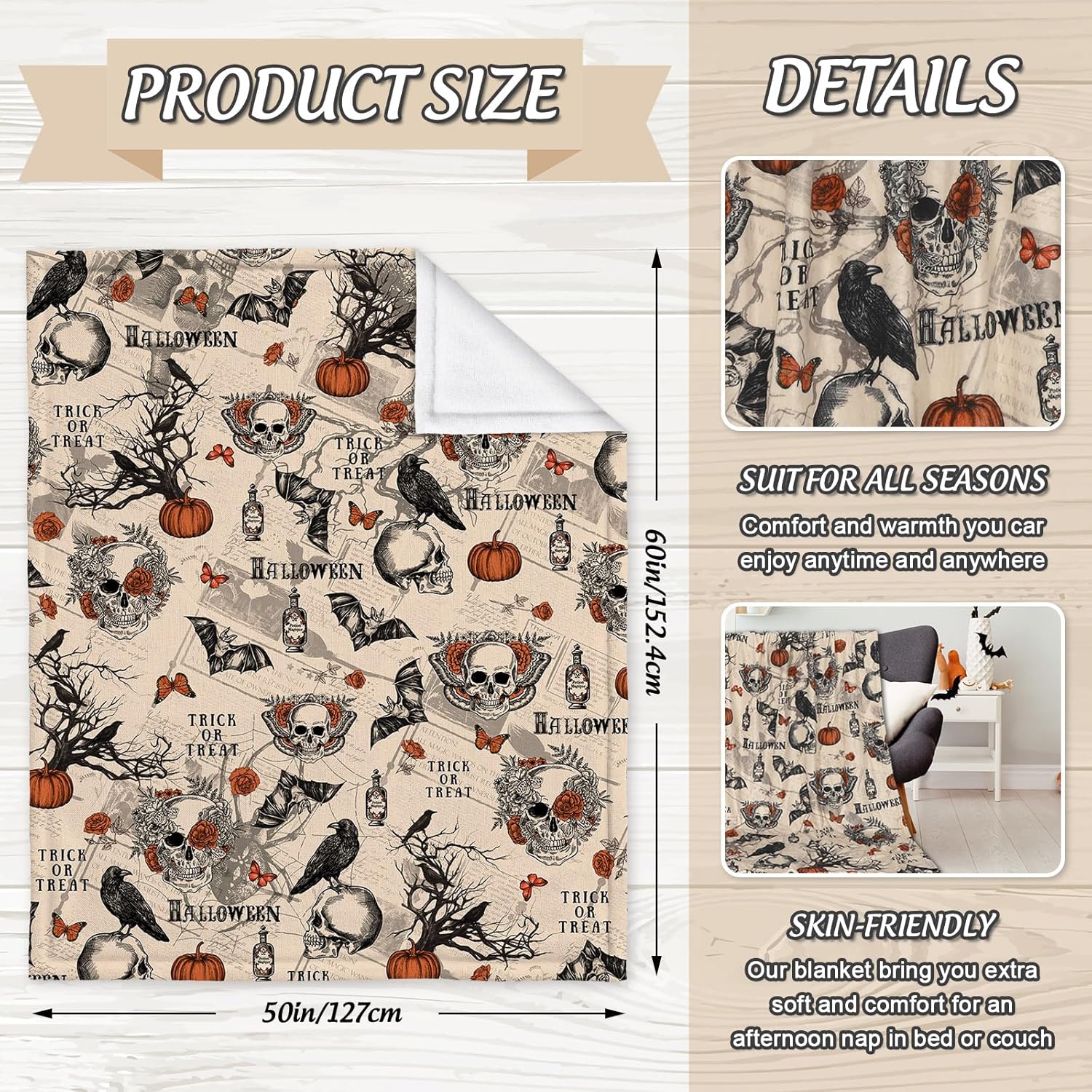 JarThenaAMCS Halloween Fuzzy Blanket Retro Gothic Crow Skull Pumpkin Throw Blanket Soft Cozy Flannel Blankets for Home Bed Sofa Couch Chair, 50 x 60 Inch - Image 3