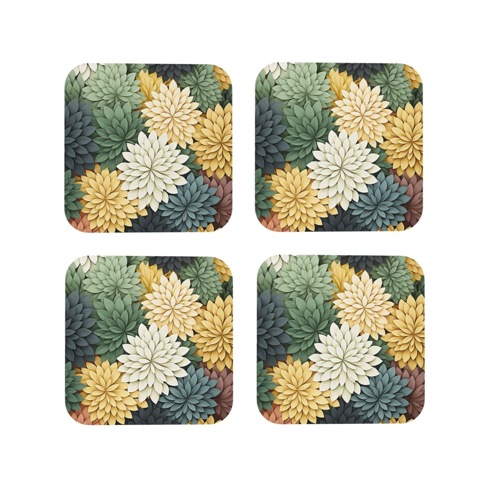 4Pcs PU Leather Coaster for Drinks, Petals Garden Leaves Cup Coastersr 4" Cup Mat Pad, Aesthetic Drink Coasters for Coffee Table, Square Coaster for Tabletop Protection