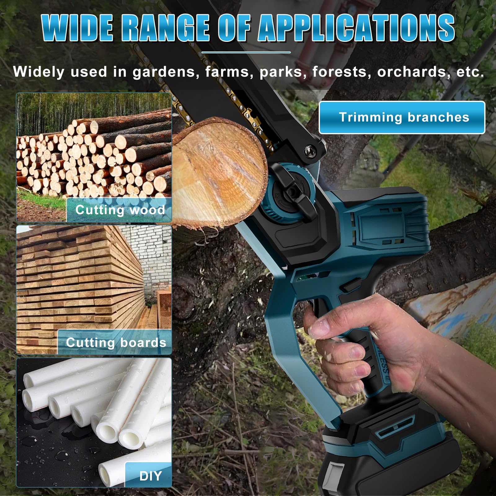 WingFly Mini Tronçonneuse électrique 6 et 8", Compatible avec Bosch 18 V Batterie, Tronçonneuse sans balais avec 2 chaînes, Tronçonneuse manuelle pour sécateur, coupe du bois(Sans Batterie)