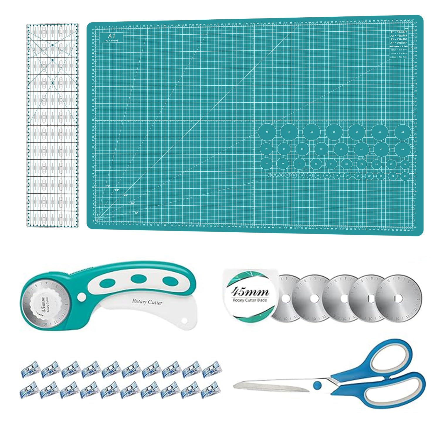 Rotary Cutter Set Green- Quilting Kit incl. 45mm Fabric Cutter, 5 Extra Rotary Blades, A1 Self Healing Cutting Mat, Acrylic Ruler and Sewing Clips, Scissors, Ideal for Crafting, Sewing, Patchworking