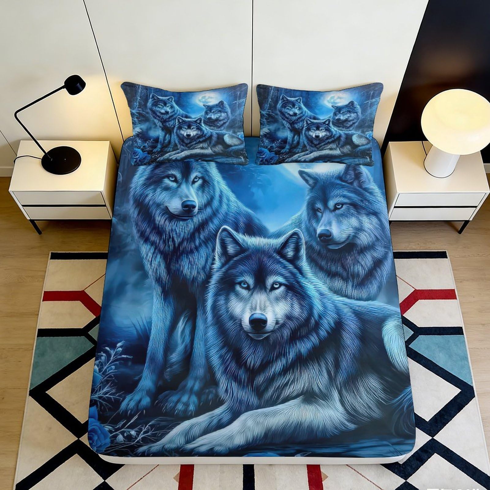 3D Printed wolf Fitted Sheet, soft touch Microfiber bed cover, wrinkle resistant, bedroom, apartment bedding, easy care, anti-slip, blue animal decor, 120x200x25cm