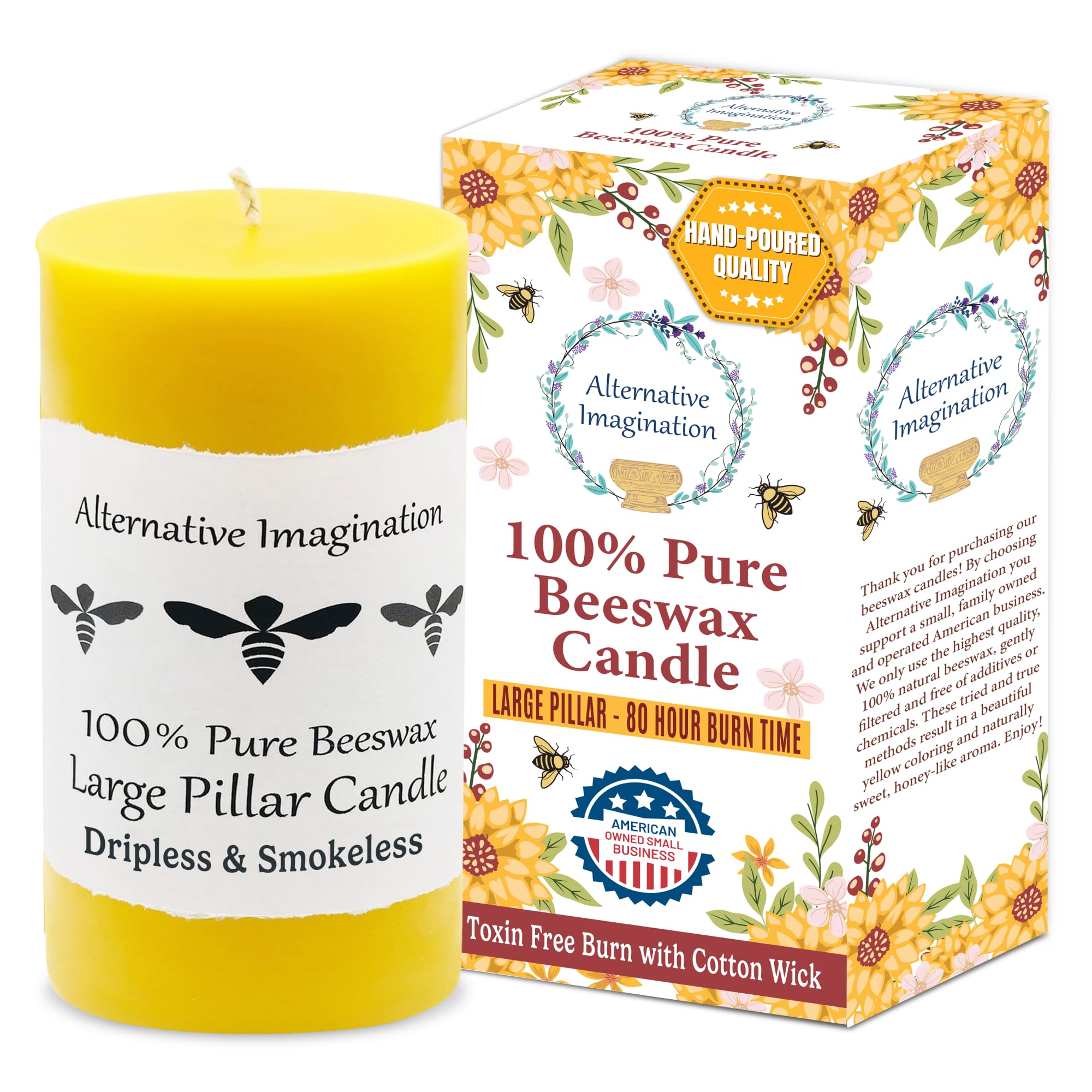 100% Pure Beeswax Pillar Candle – Large 3x6 Inch Handmade Candle with 80-Hour Burn Time – Natural Honey Aroma – Clean & Hypoallergenic – Chemical-Free– Natural Air Purifier – Alternative Imagination