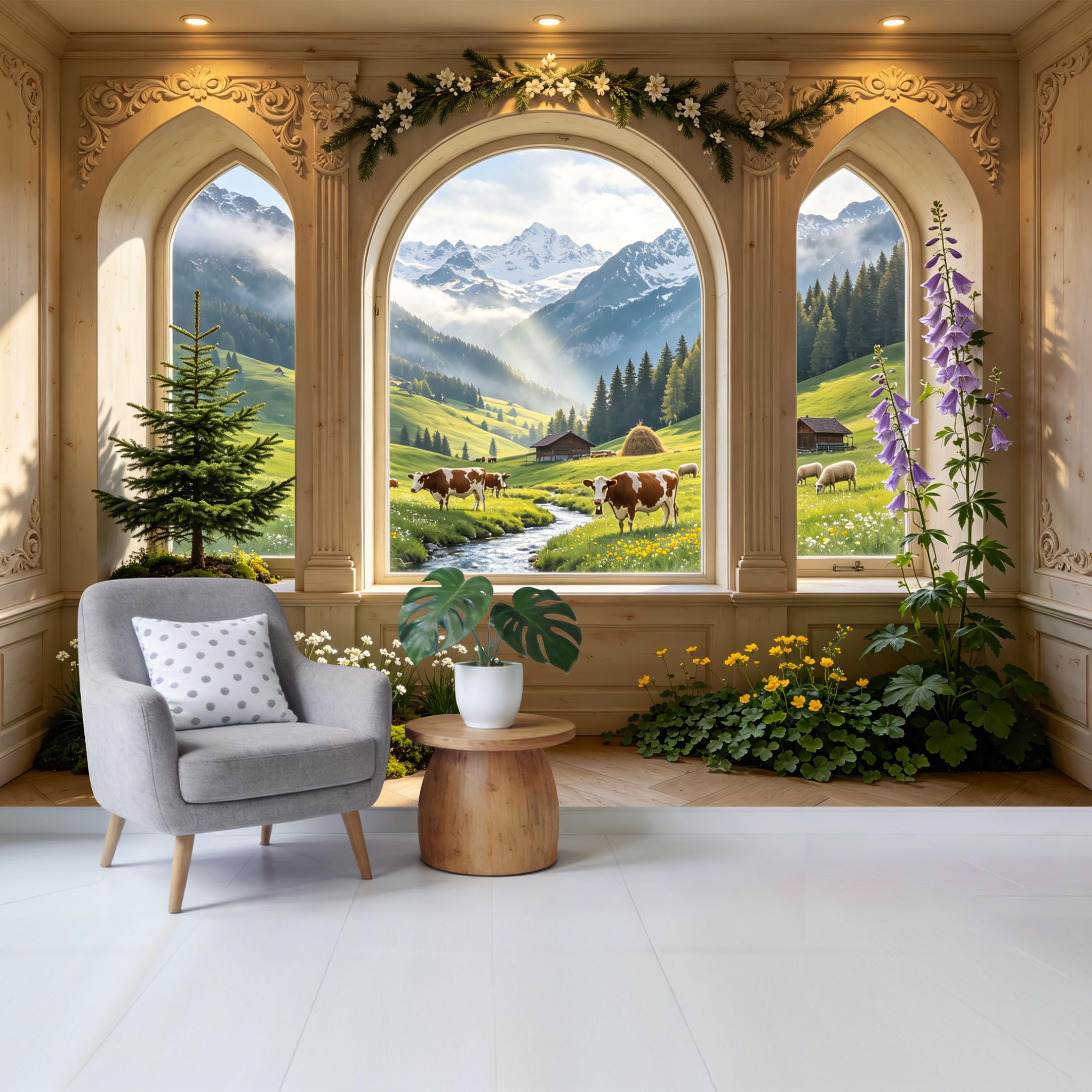 Custom Size Wall Mural Mountain Meadow Landscape with Cows Stream Alpine Farmhouse View Removable Self Adhesive Fabric Home Wall Decor for Living Room Bedroom Bathroom