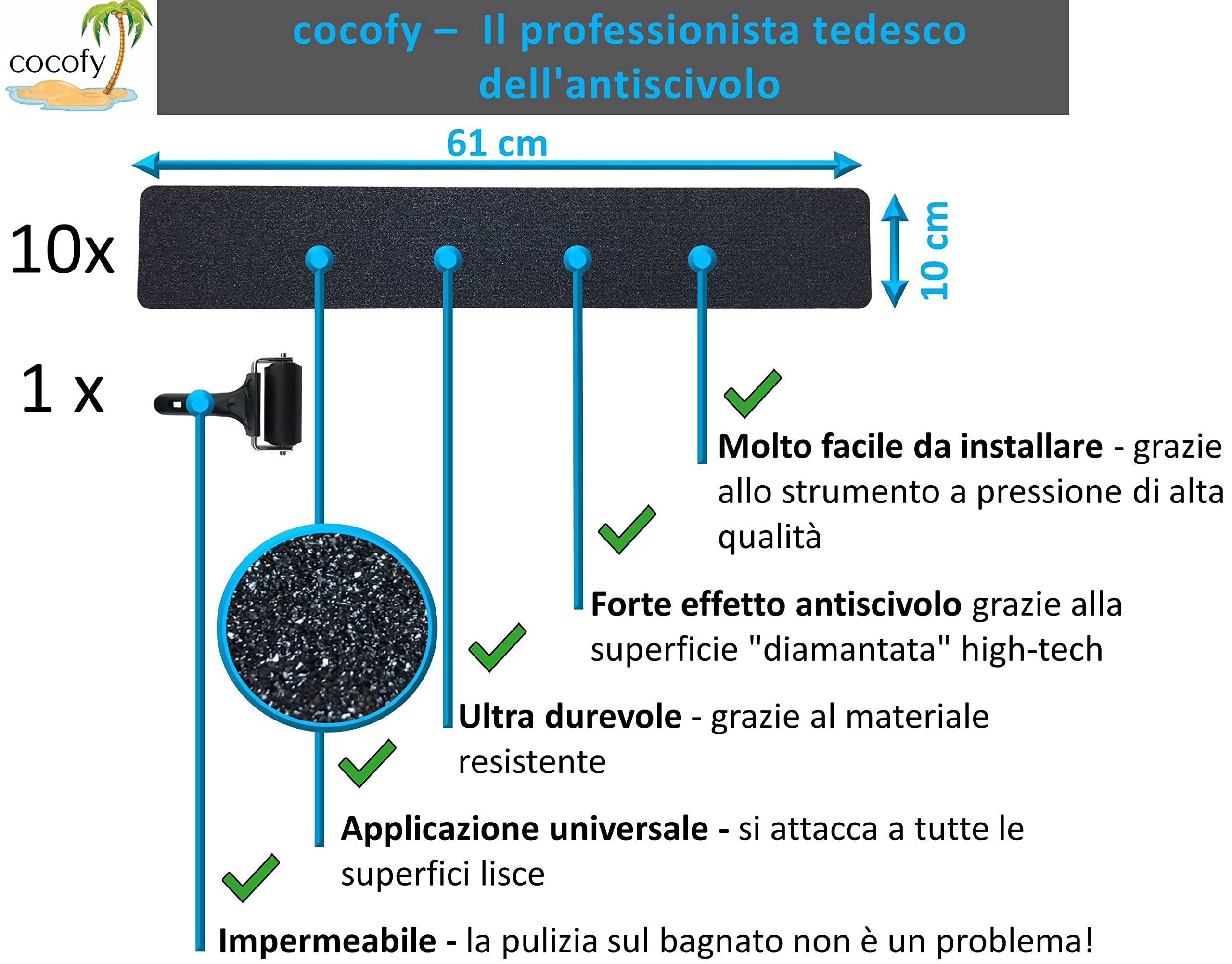 Strisce Antiscivolo per Scale Interne ed Esterne | 10 Strisce di Nastro Antiscivolo Nere (61x10 cm) | Antiscivolo Scale con Speciale Superficie per Esterni | Strisce Antiscivolo con Rullo