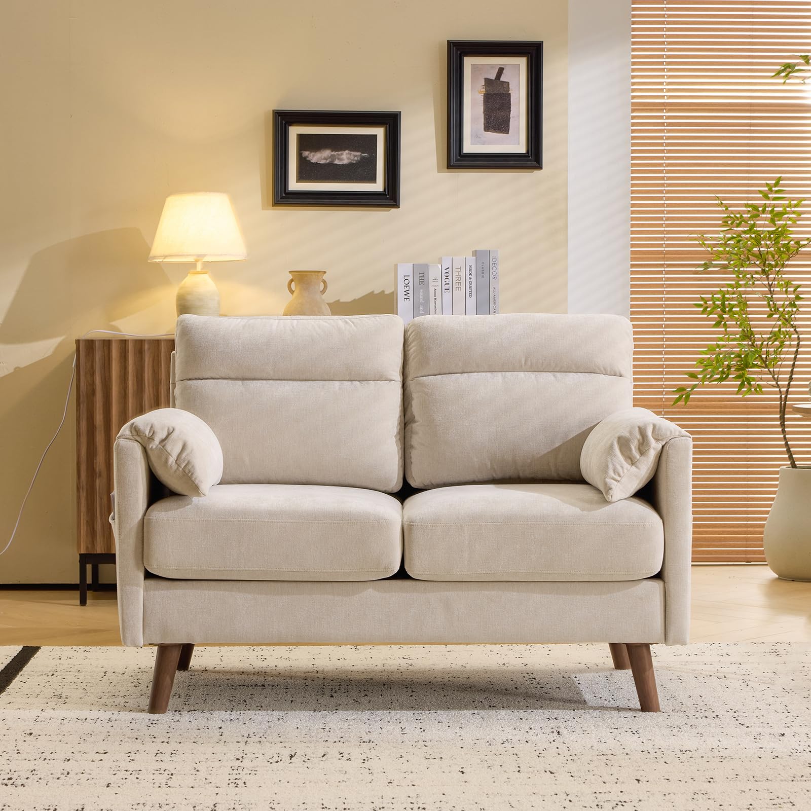 Bonnlo Fabric 2 seater sofa,Small Modern Couch with Soft Cushion,Tapered Legs and Side Pocket Storage,Compact Loveseat with Deep Seat Perfect for Living Room,Bedroom,Office,Dorm,Beige