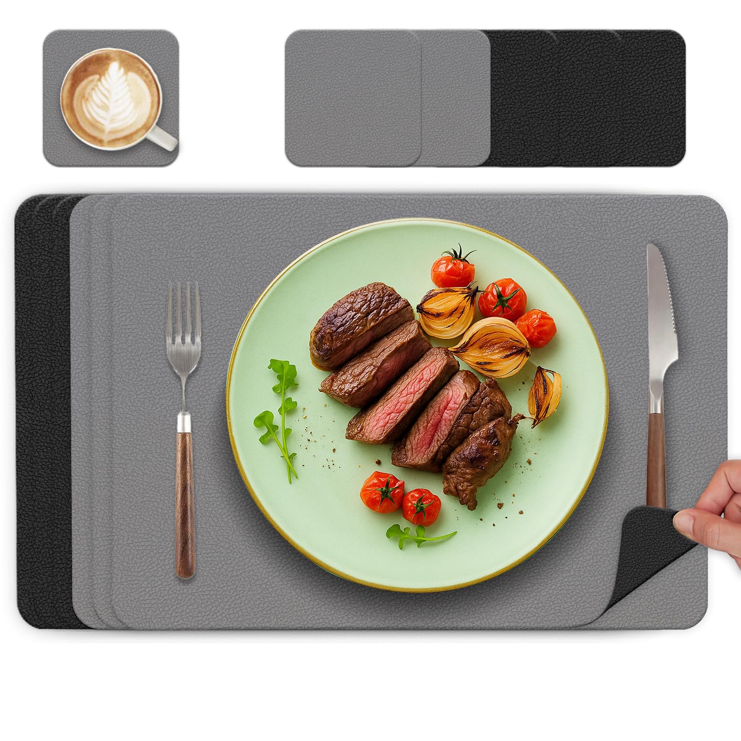 Tischsets Abwaschbar und Untersetzer, Platzset Leder Platzdeckchen Abwaschbar Doppelseitigen Tischsets Umkehrbares Tischset rutschfest Lederoptik