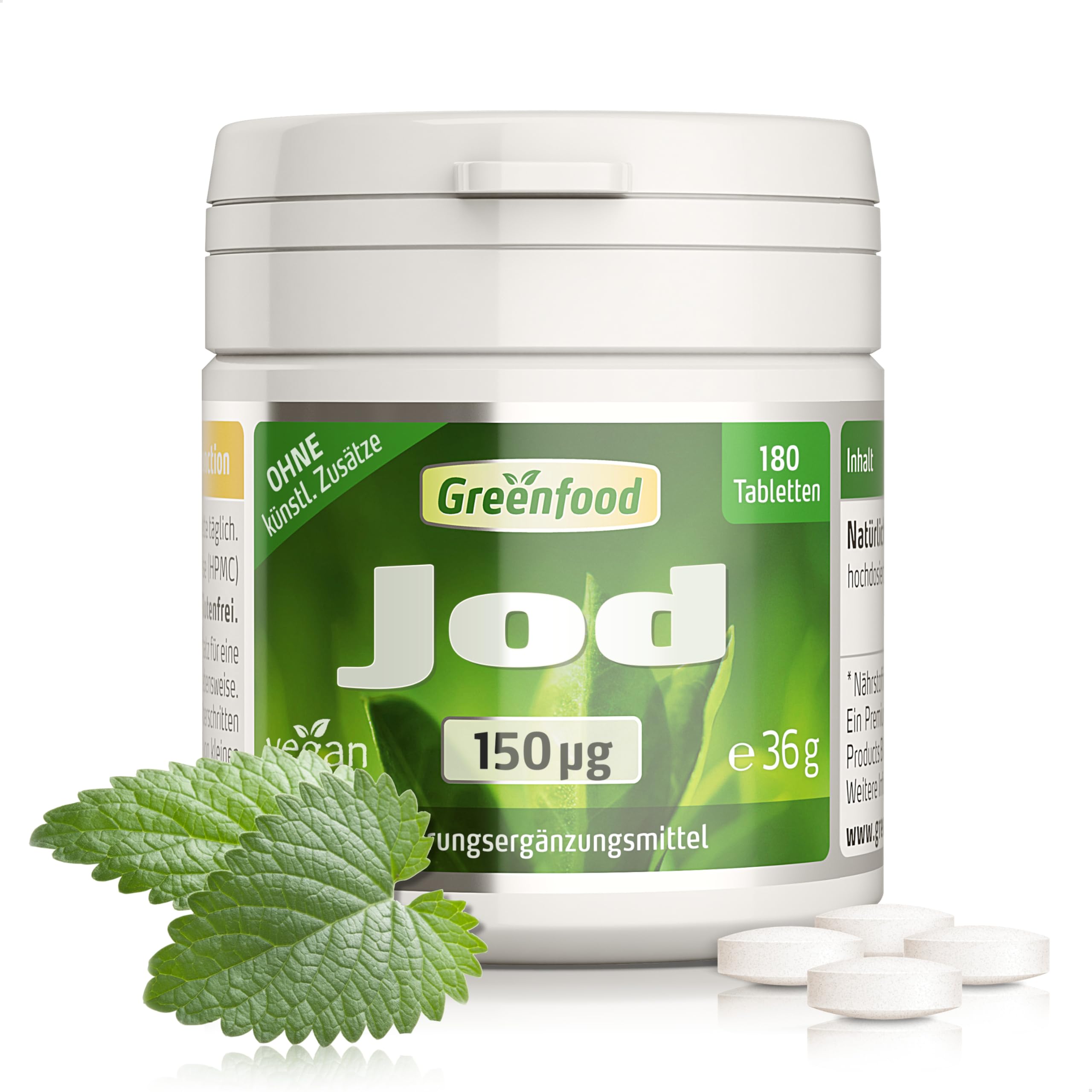 Jod Tabletten, 100% Tagesbedarf, 150µg - 180 Tabletten, vegan. Optimale Jodversorgung - für Schilddrüse, Hormonhaushalt & Nervensystem. OHNE künstliche Zusätze - laborgeprüft. Von Greenfood.
