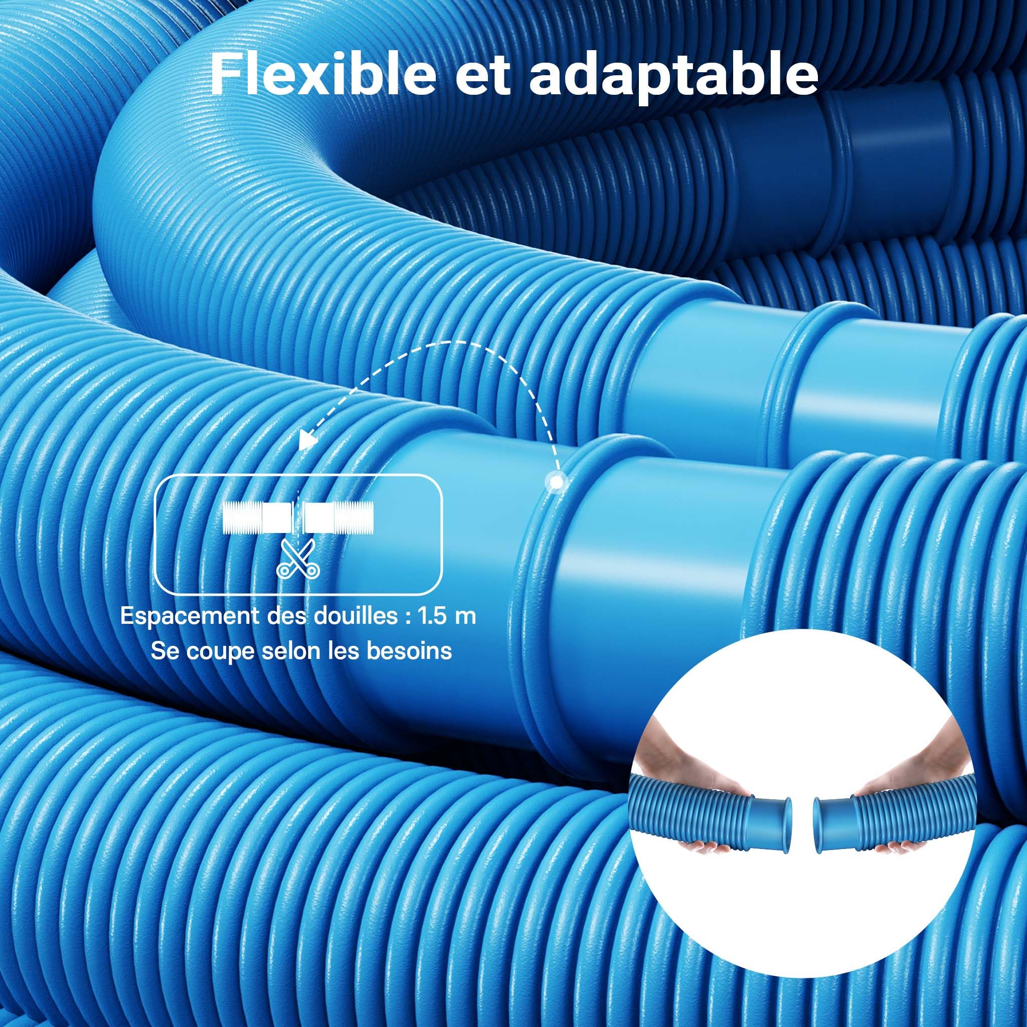 Wiltec Tuyau piscine bleu – 21 m de long, Ø 32 mm – Tuyau solaire flottant à sections préformées – 165 g/m – made in Europe – Boyau d’aspiration solaire