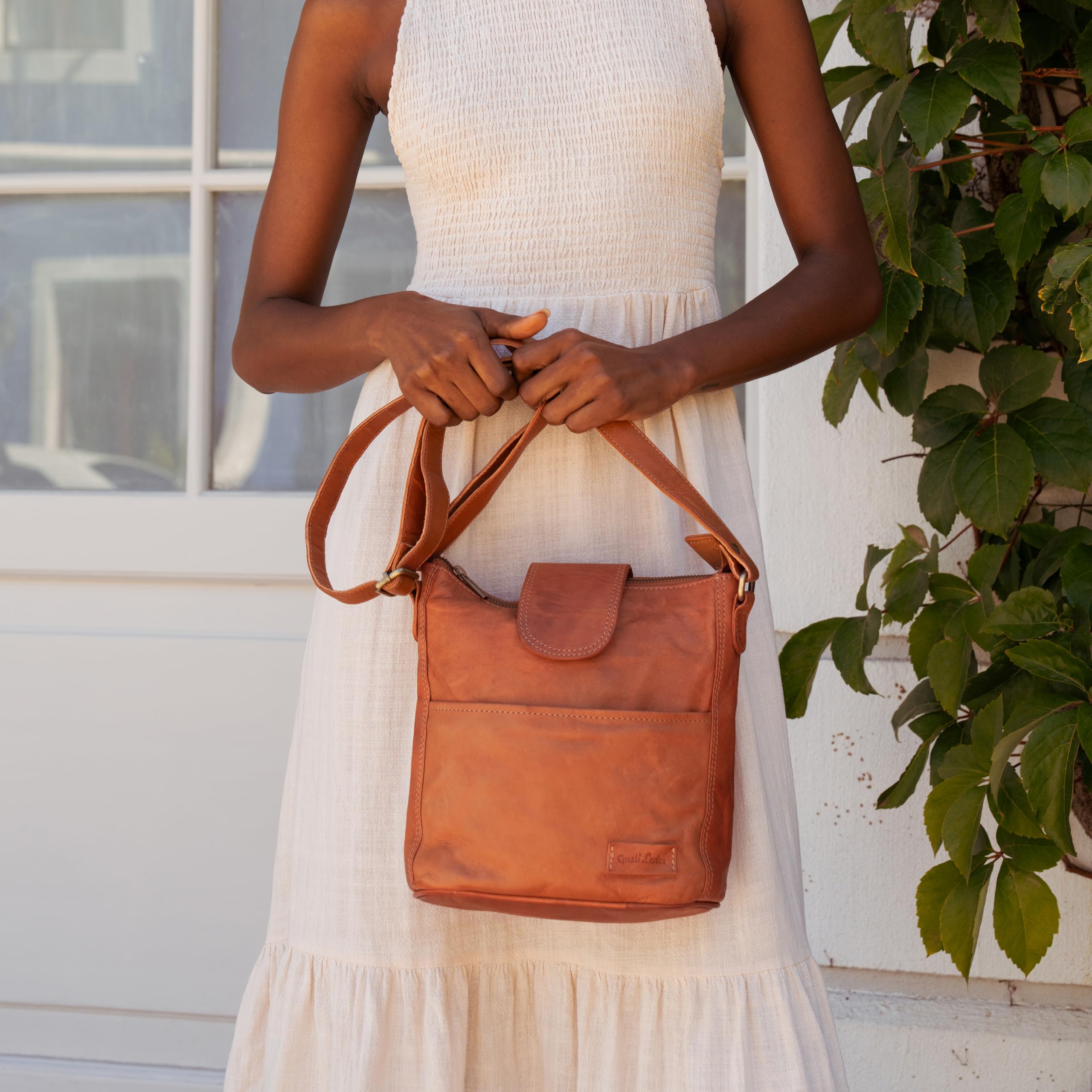 Gusti Leder Umhängetasche - Jaqueline S Vintage Shopper Leder, Crossbody Bag Damen aus echtem Ziegenleder, verstellbarer Riemen, Braun